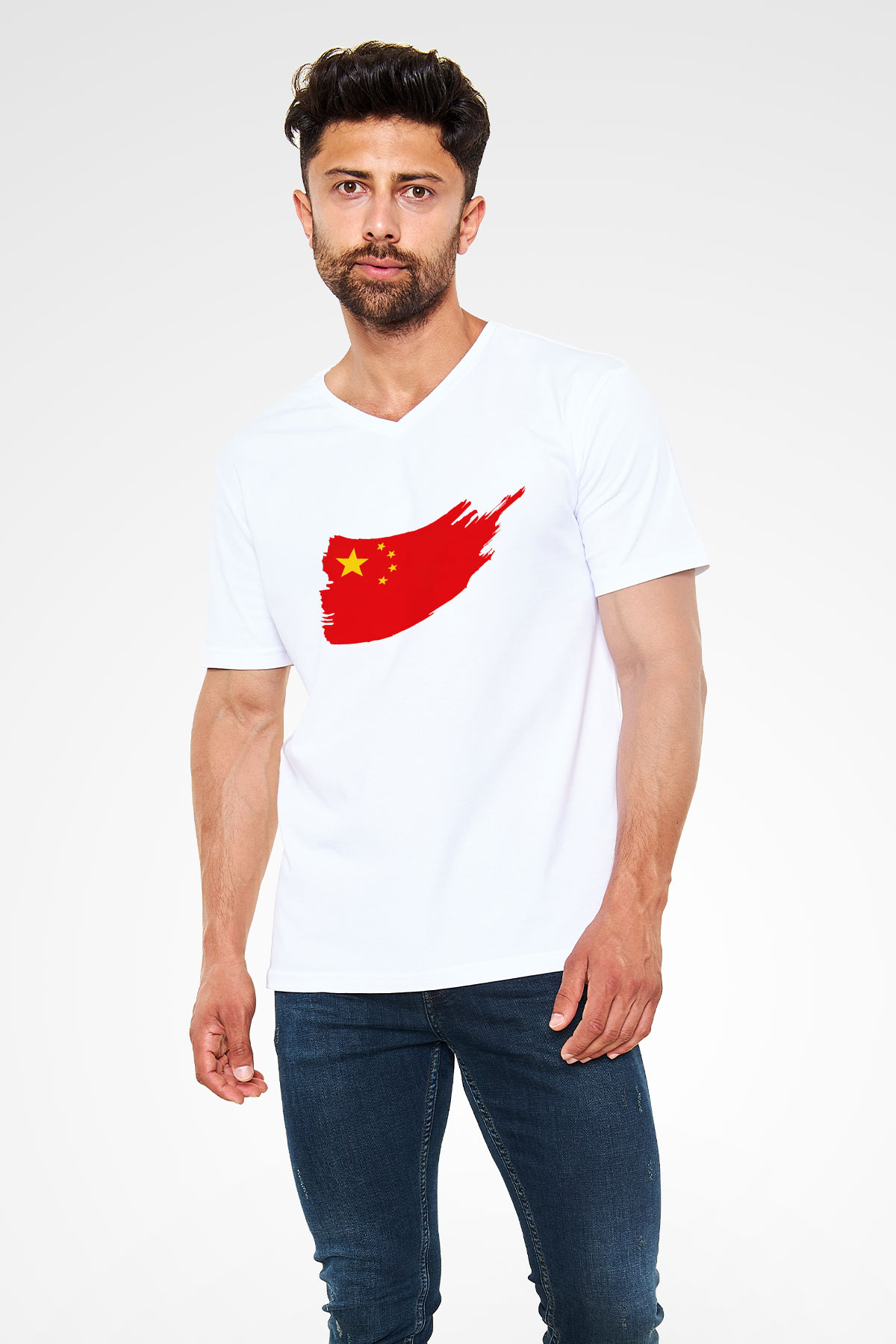 Çin Beyaz Unisex V Yaka Tişört T-Shirt