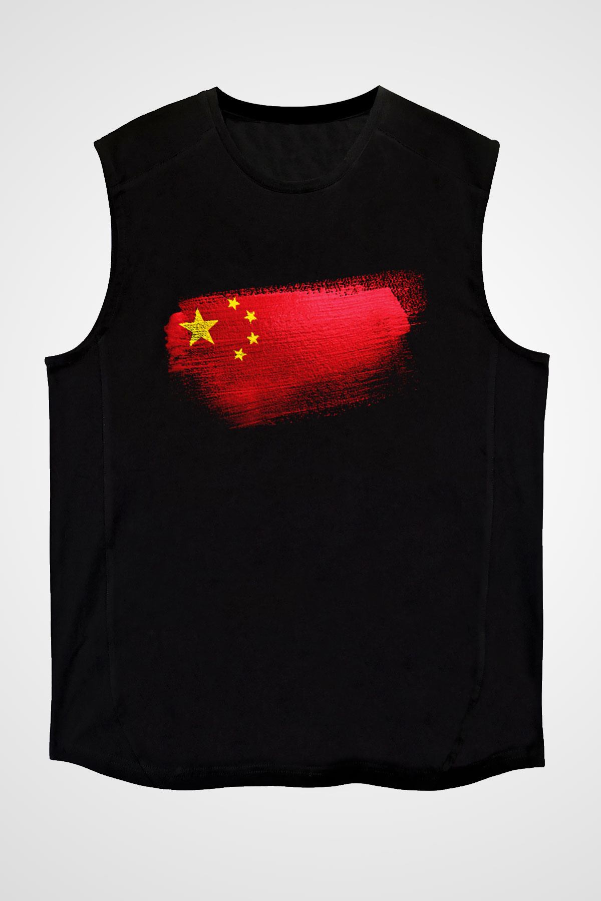 Çin - China Bayrağı Baskılı Unisex Siyah Kolsuz Tişört