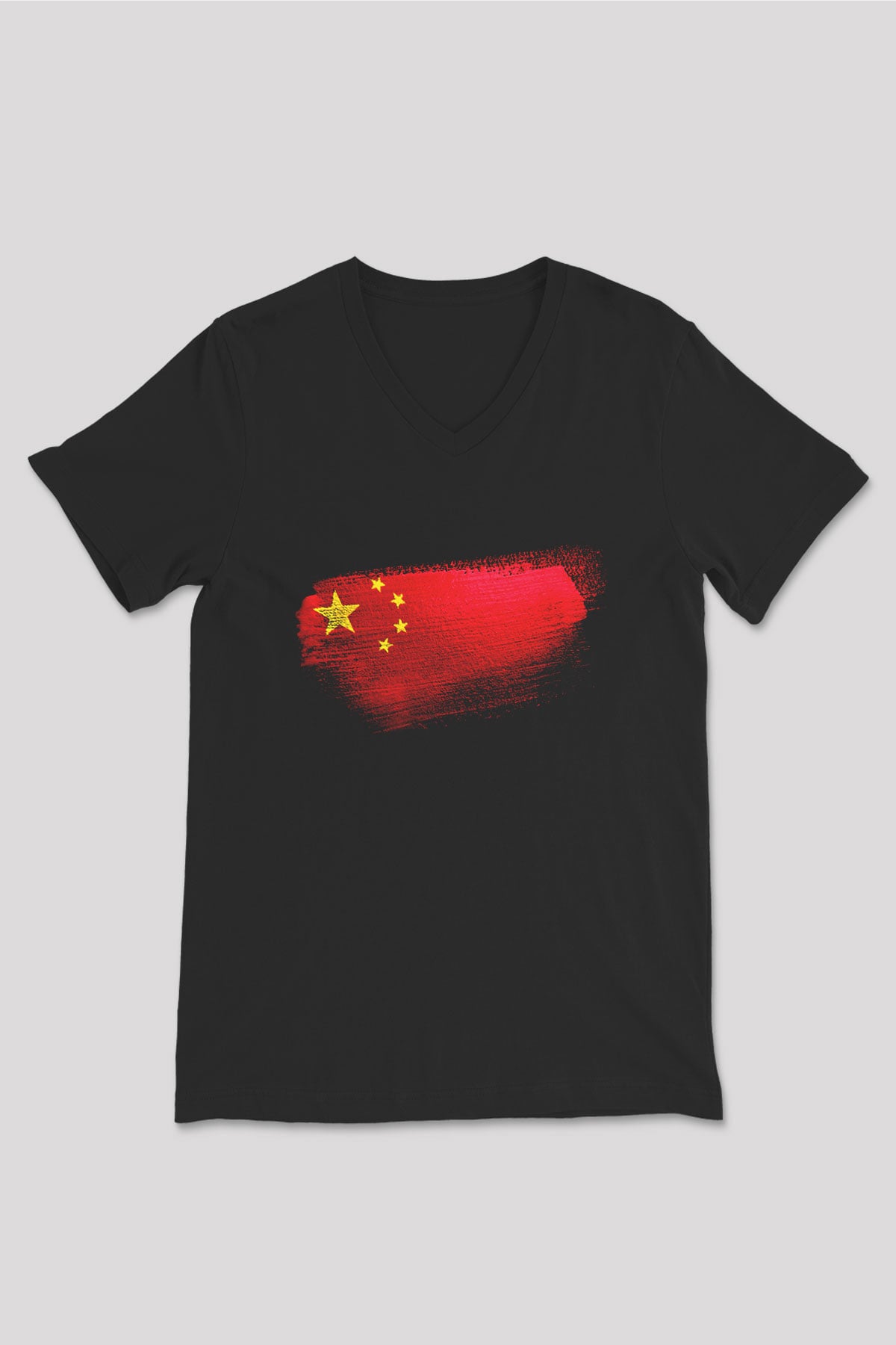 Çin - China Bayrağı Baskılı Unisex Siyah V Yaka Tişört
