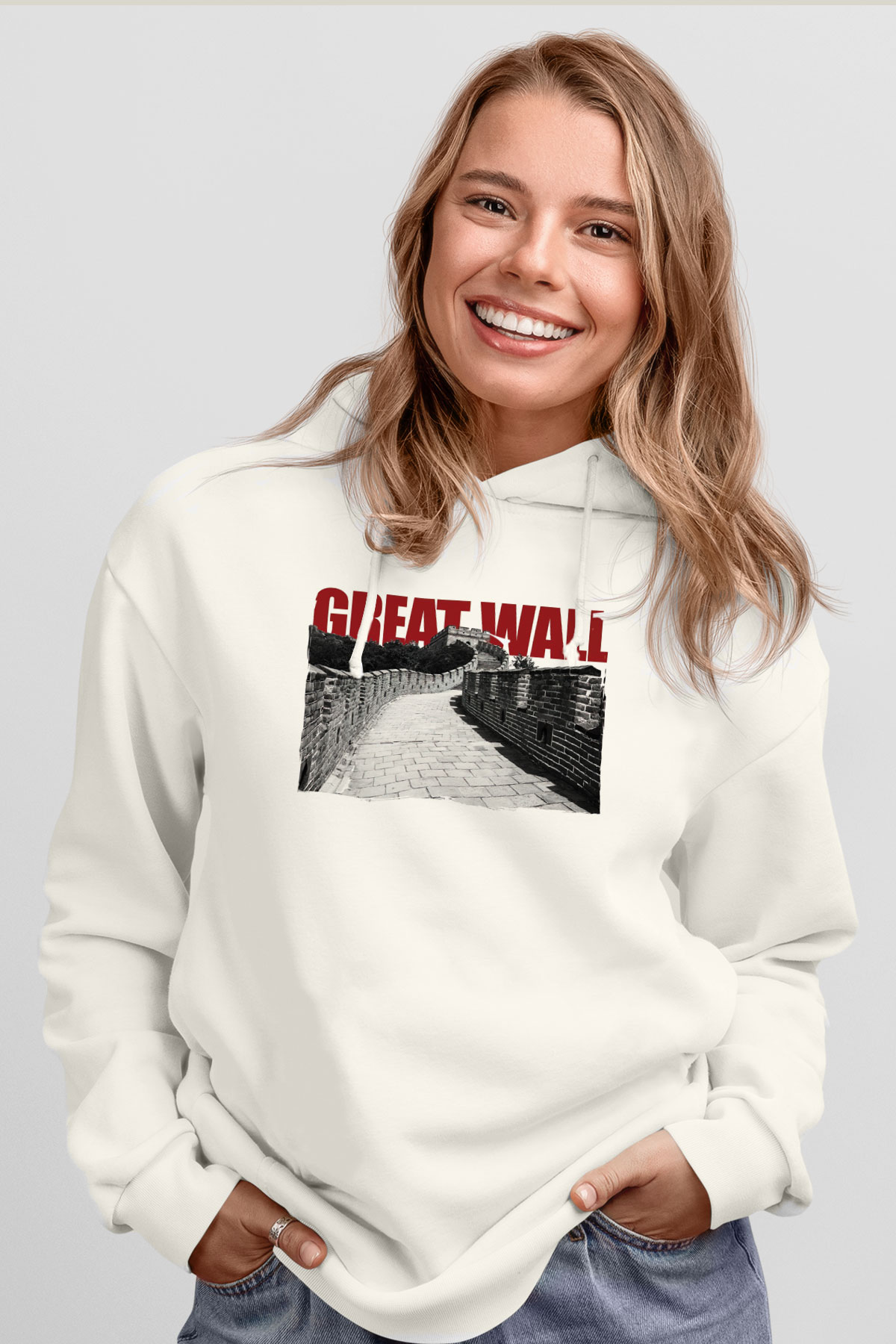 Çin Seddi Beyaz Unisex Hoodie