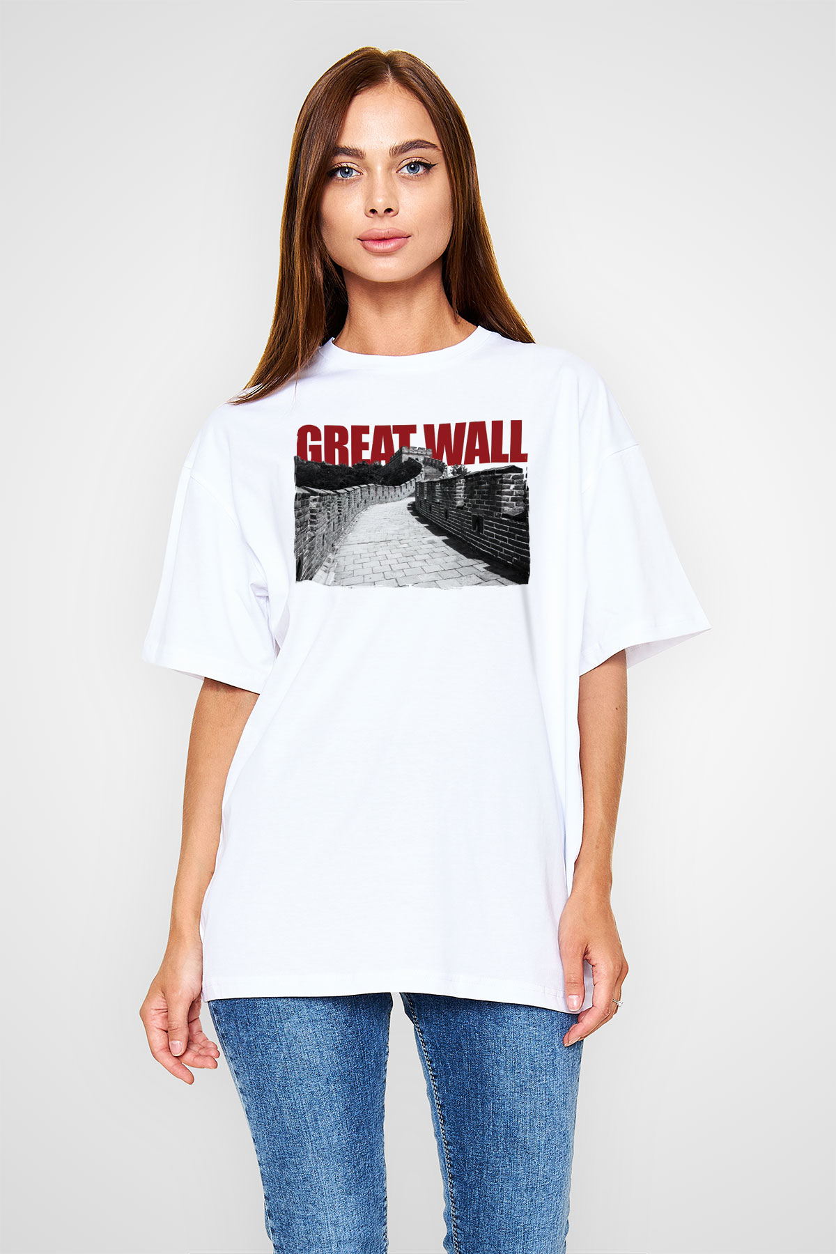 Çin Seddi Beyaz Oversize Tişört Oversize T-shirt - TişörtFabrikası
