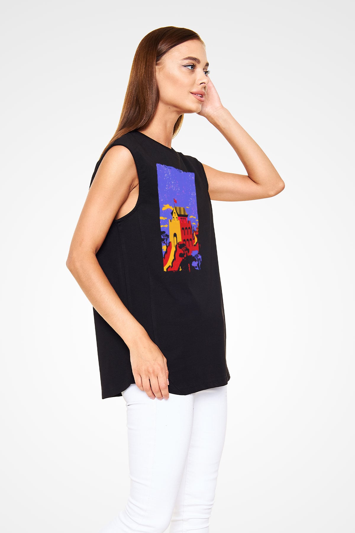 Çin Seddi Siyah Unisex Kolsuz Tişört