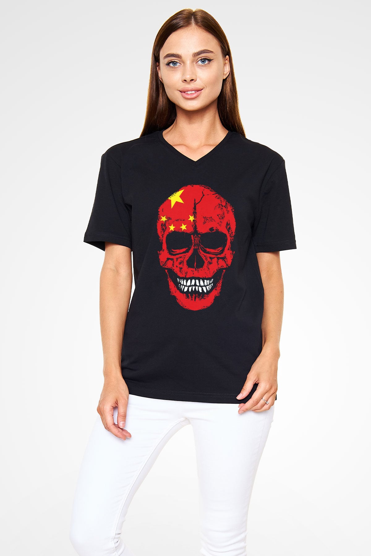 Çin Siyah Unisex V Yaka Tişört