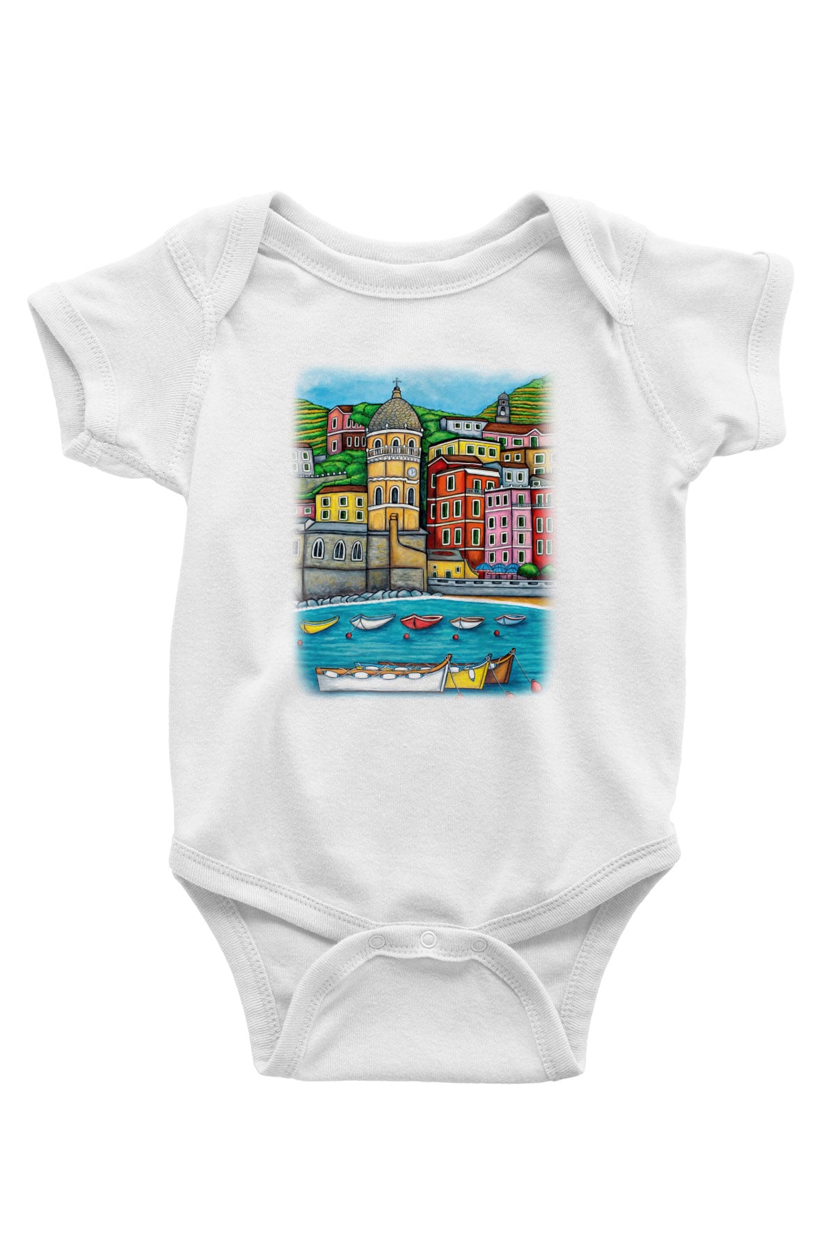 Cinque Terre Baskılı Beyaz Unisex Bebek Body - Zıbın