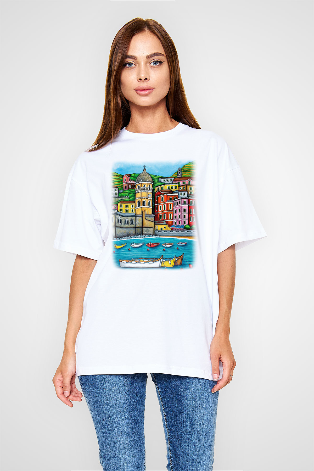 Cinque Terre Beyaz Unisex Oversize Tişört T-Shirt