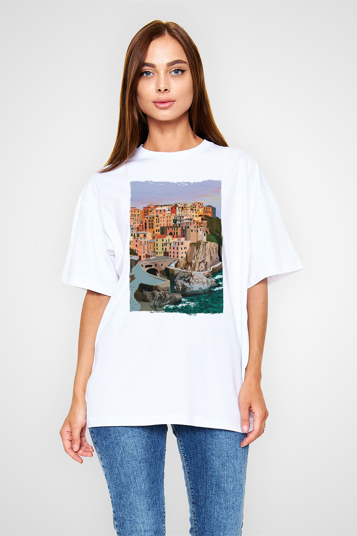 Cinque Terre Beyaz Oversize Tişört Oversize T-shirt - TişörtFabrikası