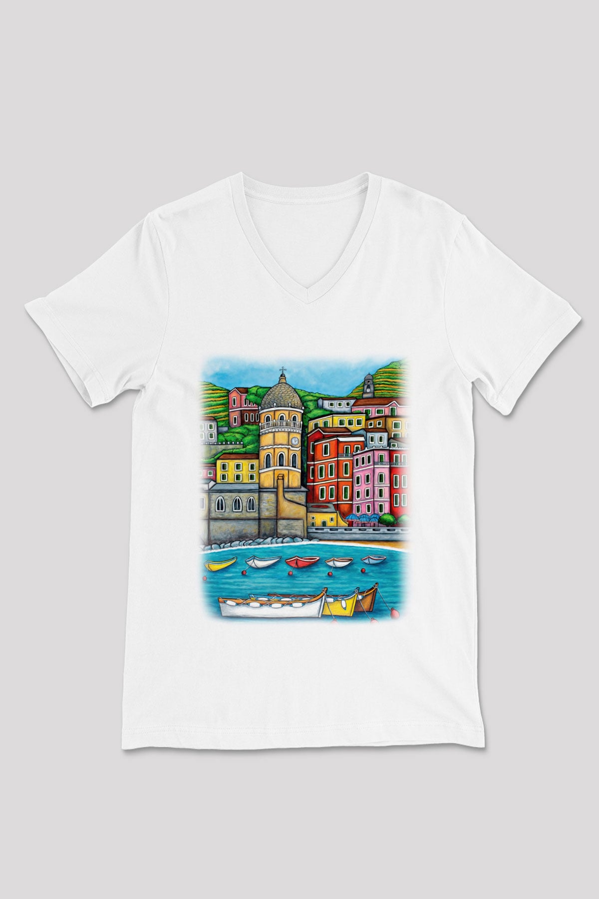 Cinque Terre Beyaz Unisex V Yaka Tişört T-Shirt