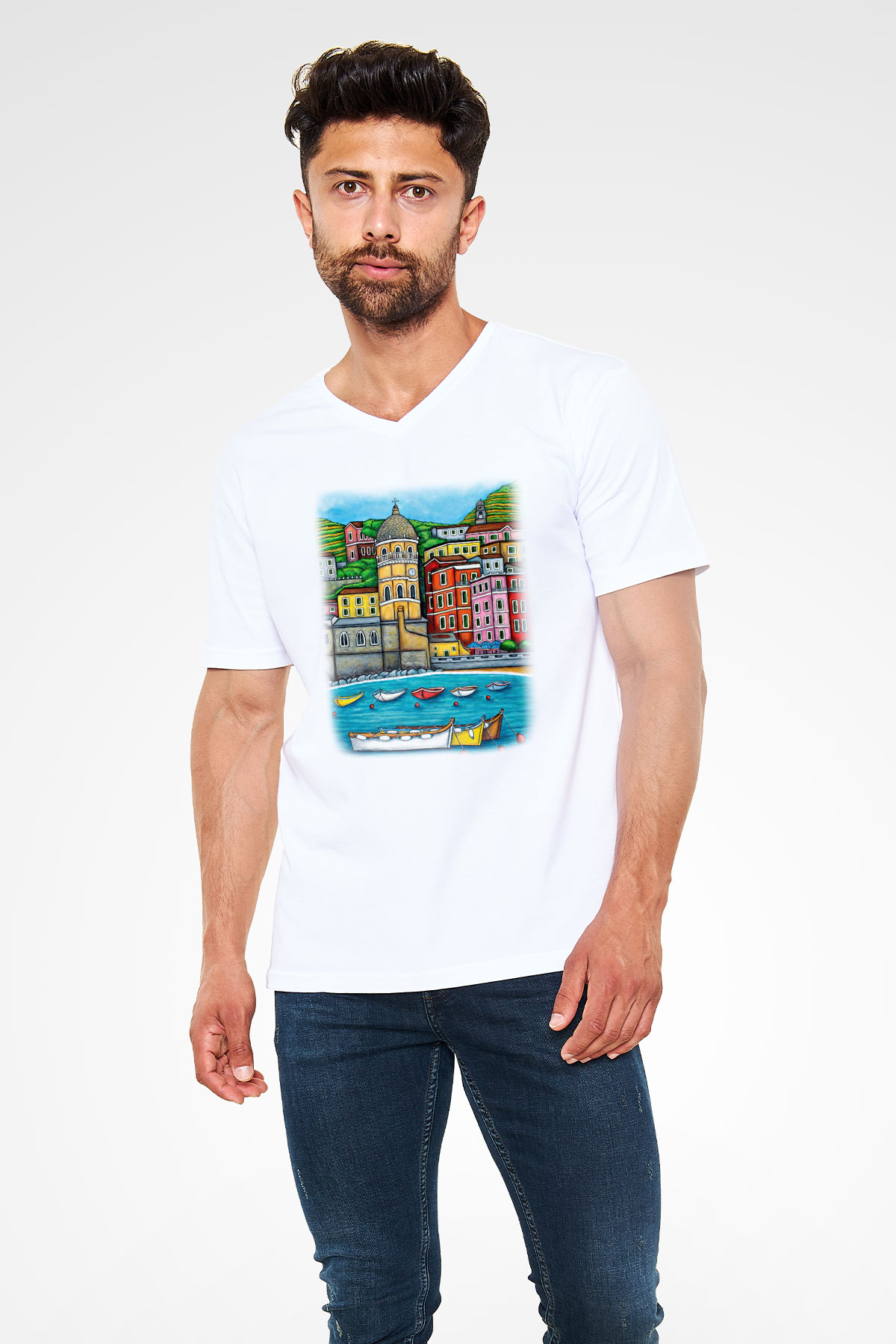 Cinque Terre Beyaz Unisex V Yaka Tişört T-Shirt