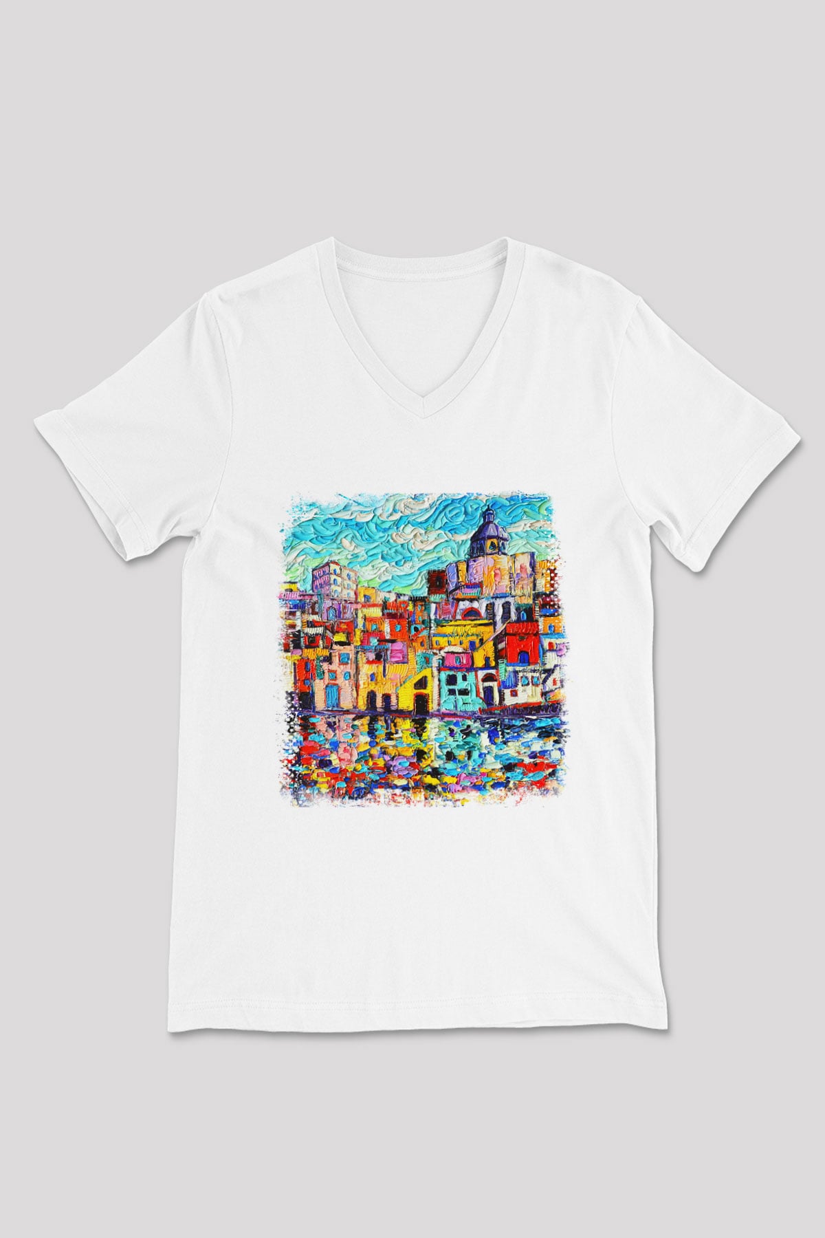 Cinque Terre Beyaz Unisex V Yaka Tişört T-Shirt