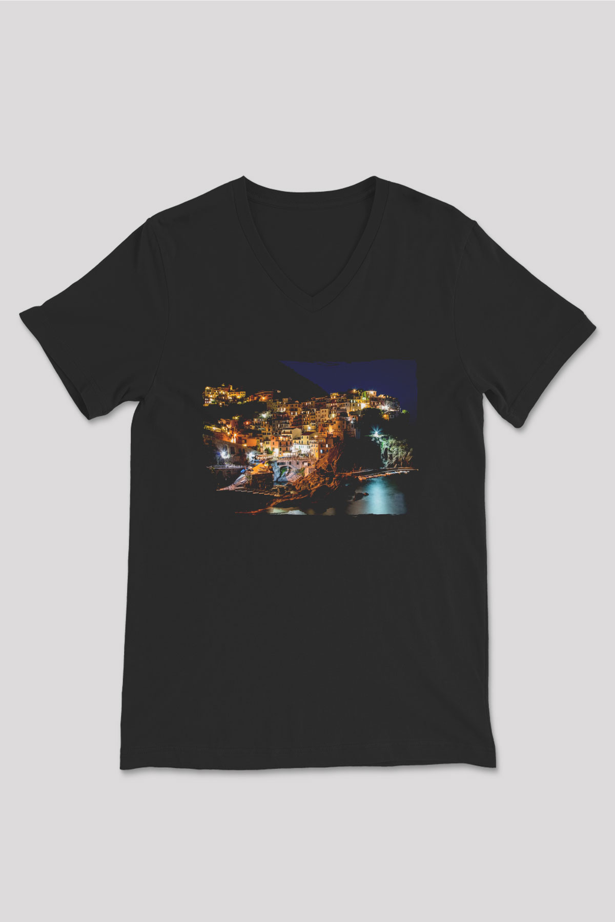 Cinque Terre Siyah Unisex V Yaka Tişört