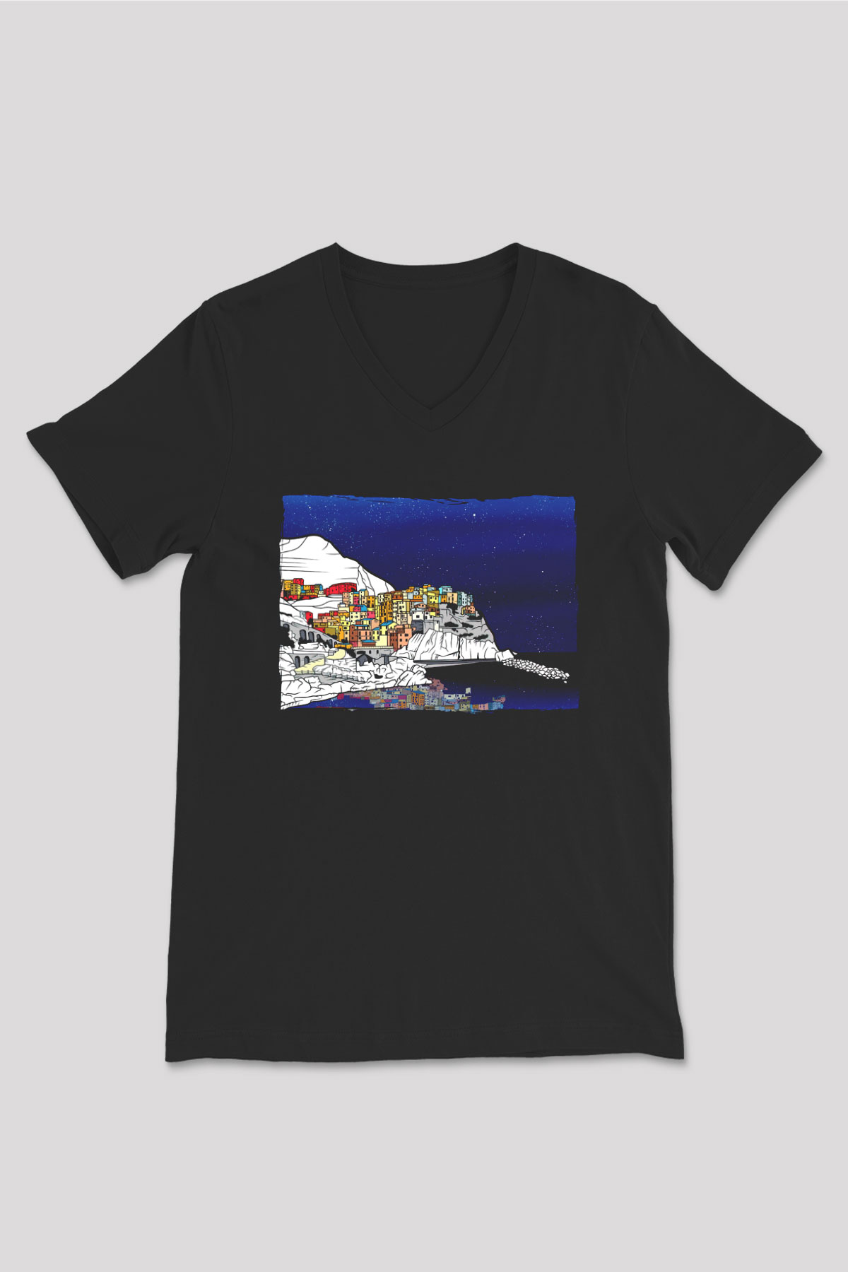 Cinque Terre Siyah Unisex V Yaka Tişört