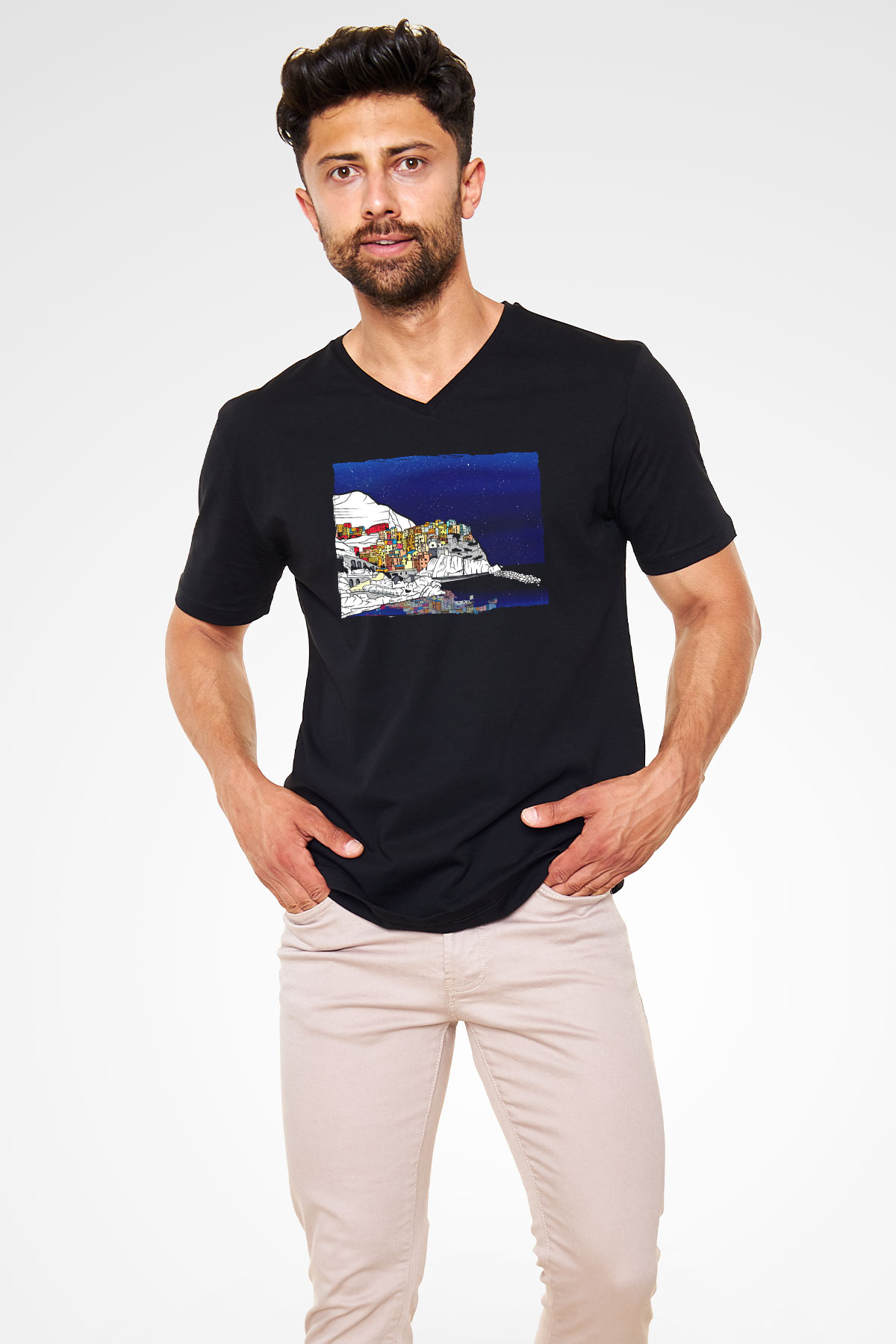 Cinque Terre Siyah Unisex V Yaka Tişört