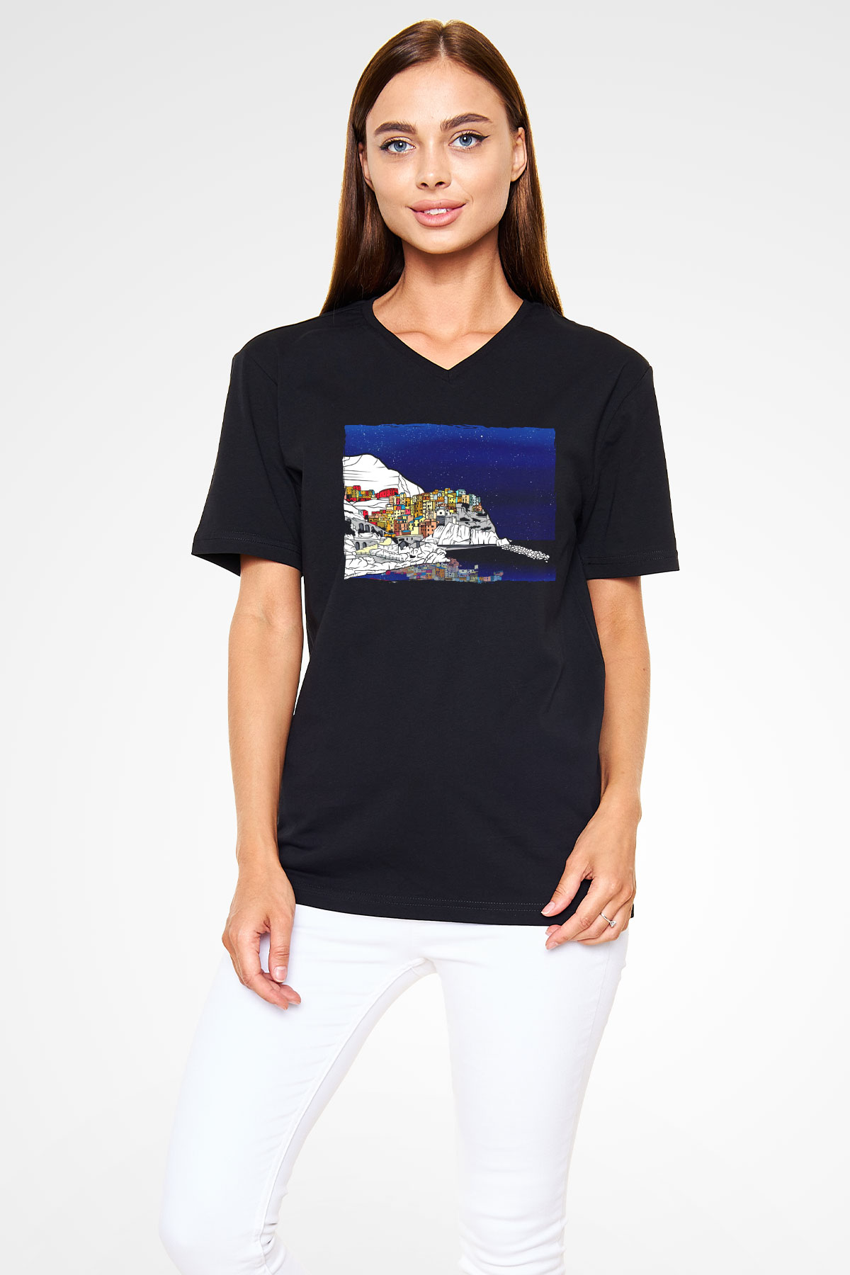 Cinque Terre Siyah Unisex V Yaka Tişört