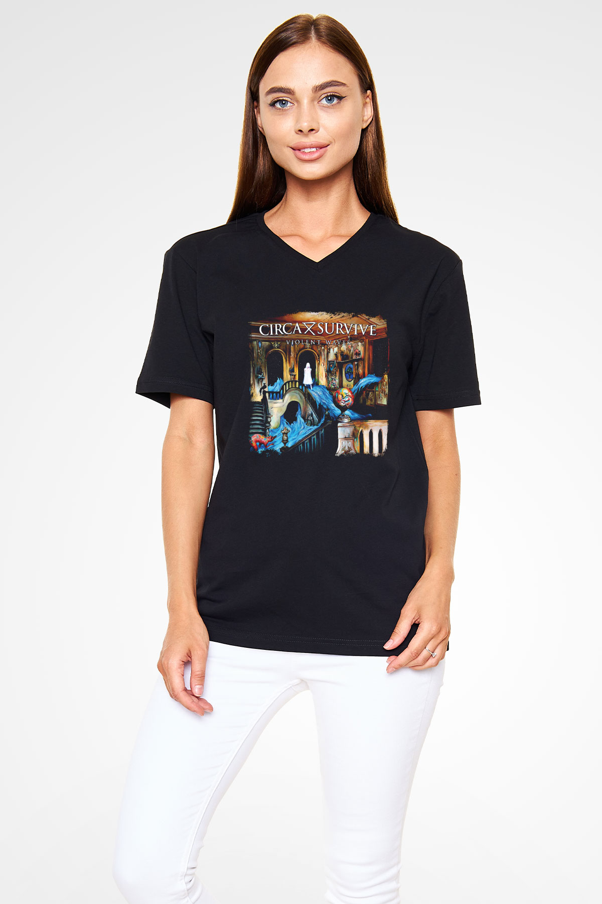 Circa Survive Baskılı Unisex Siyah V Yaka Tişört