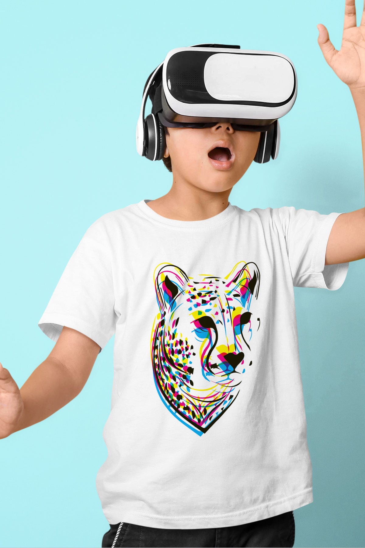 Çita Baskılı Beyaz Unisex Çocuk Tişört