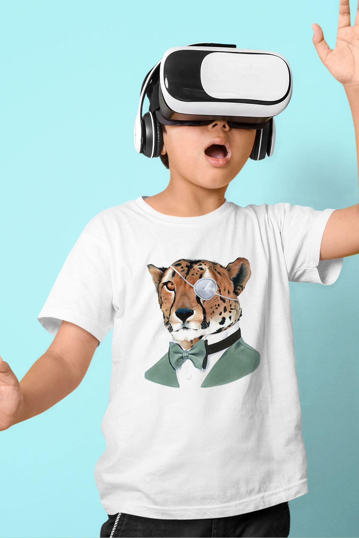 Çita Baskılı Beyaz Unisex Çocuk Tişört