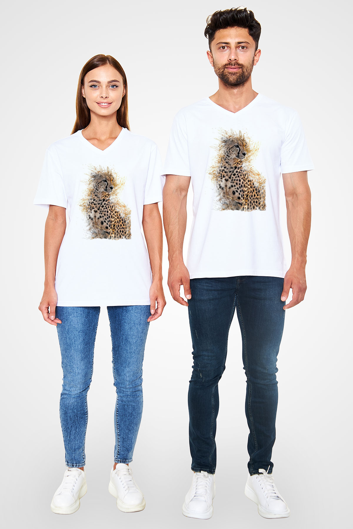 Çita Beyaz Unisex V Yaka Tişört