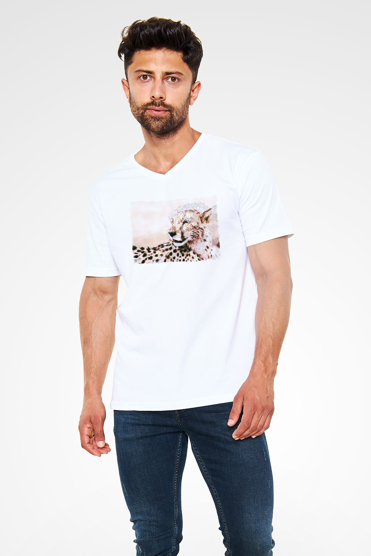 Çita Beyaz Unisex V Yaka Tişört