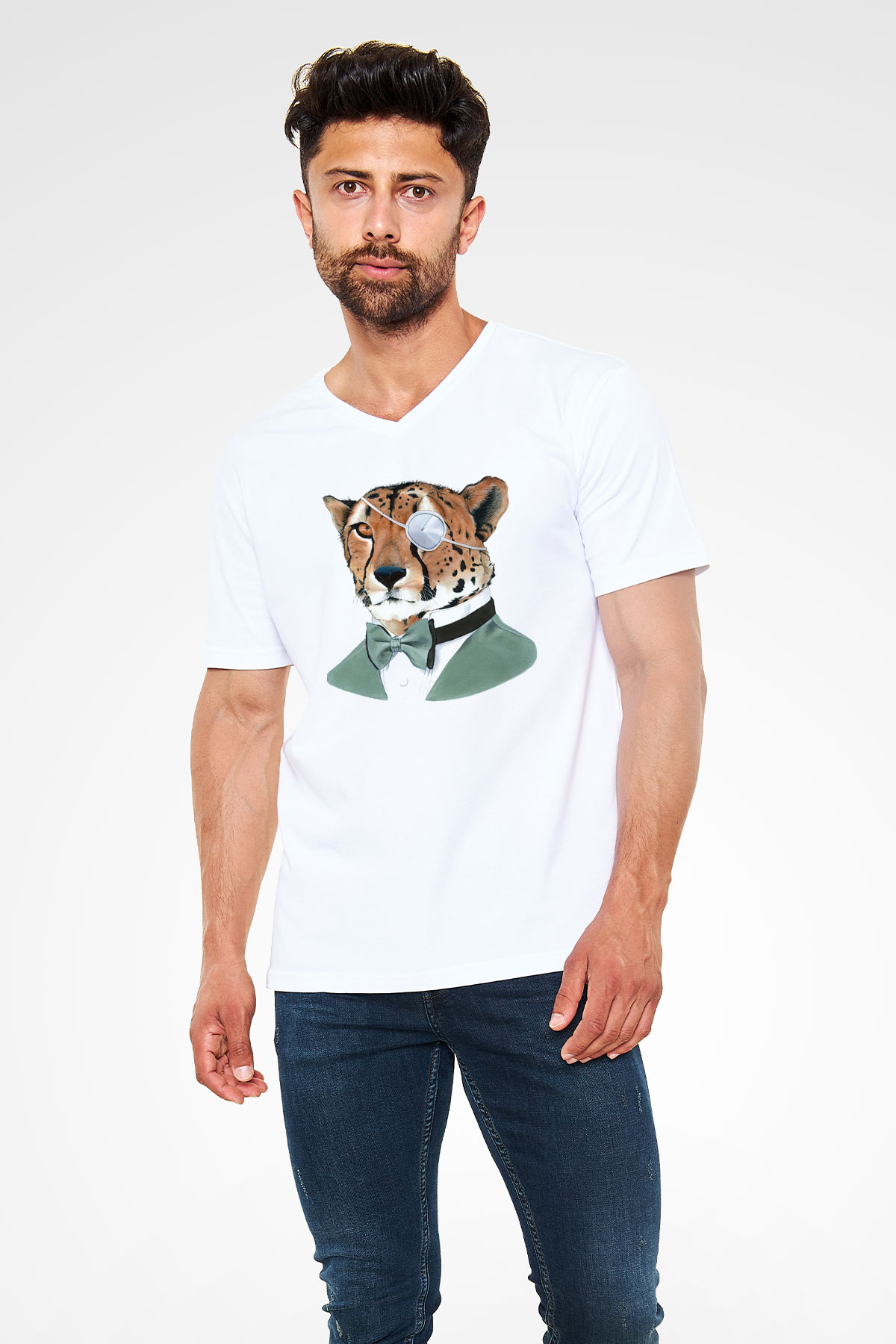 Çita Beyaz Unisex V Yaka Tişört T-Shirt