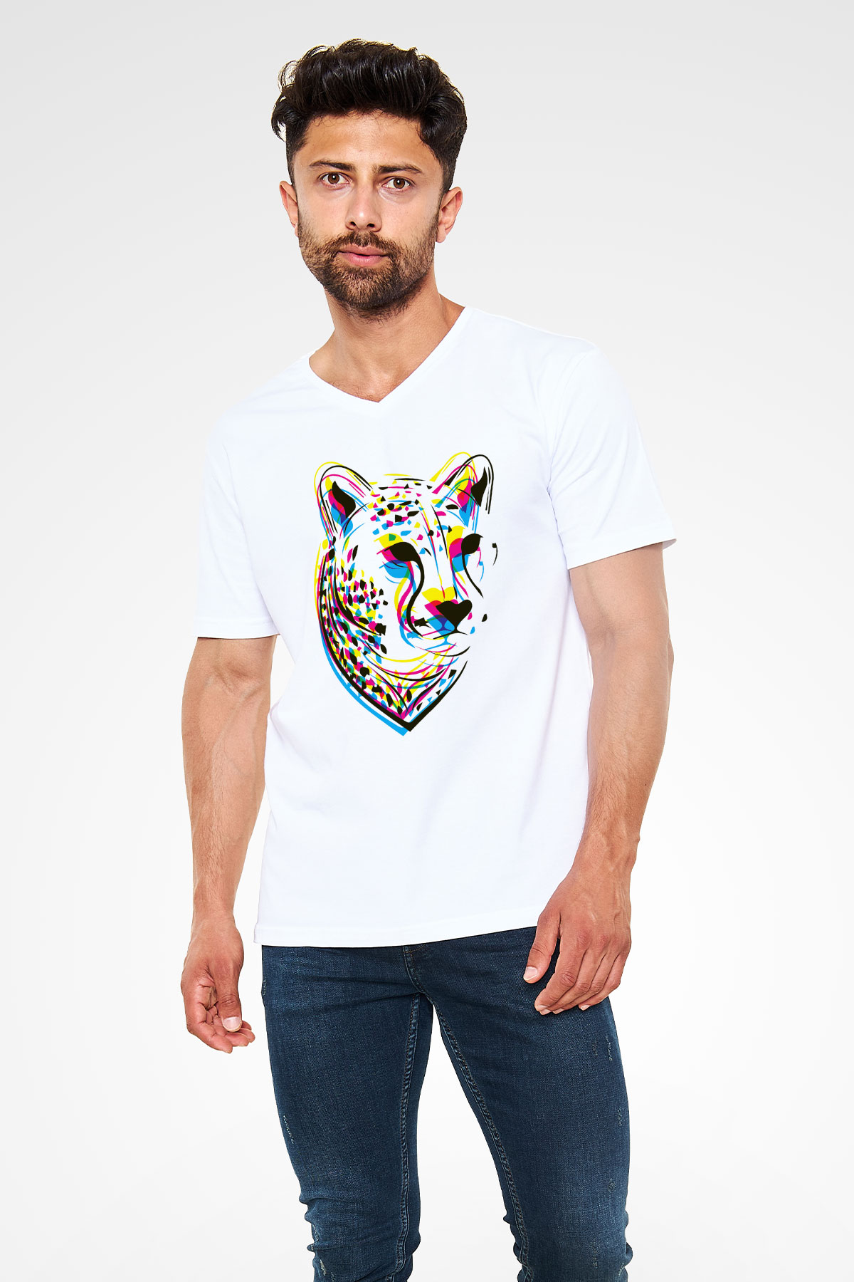 Çita Beyaz Unisex V Yaka Tişört T-Shirt