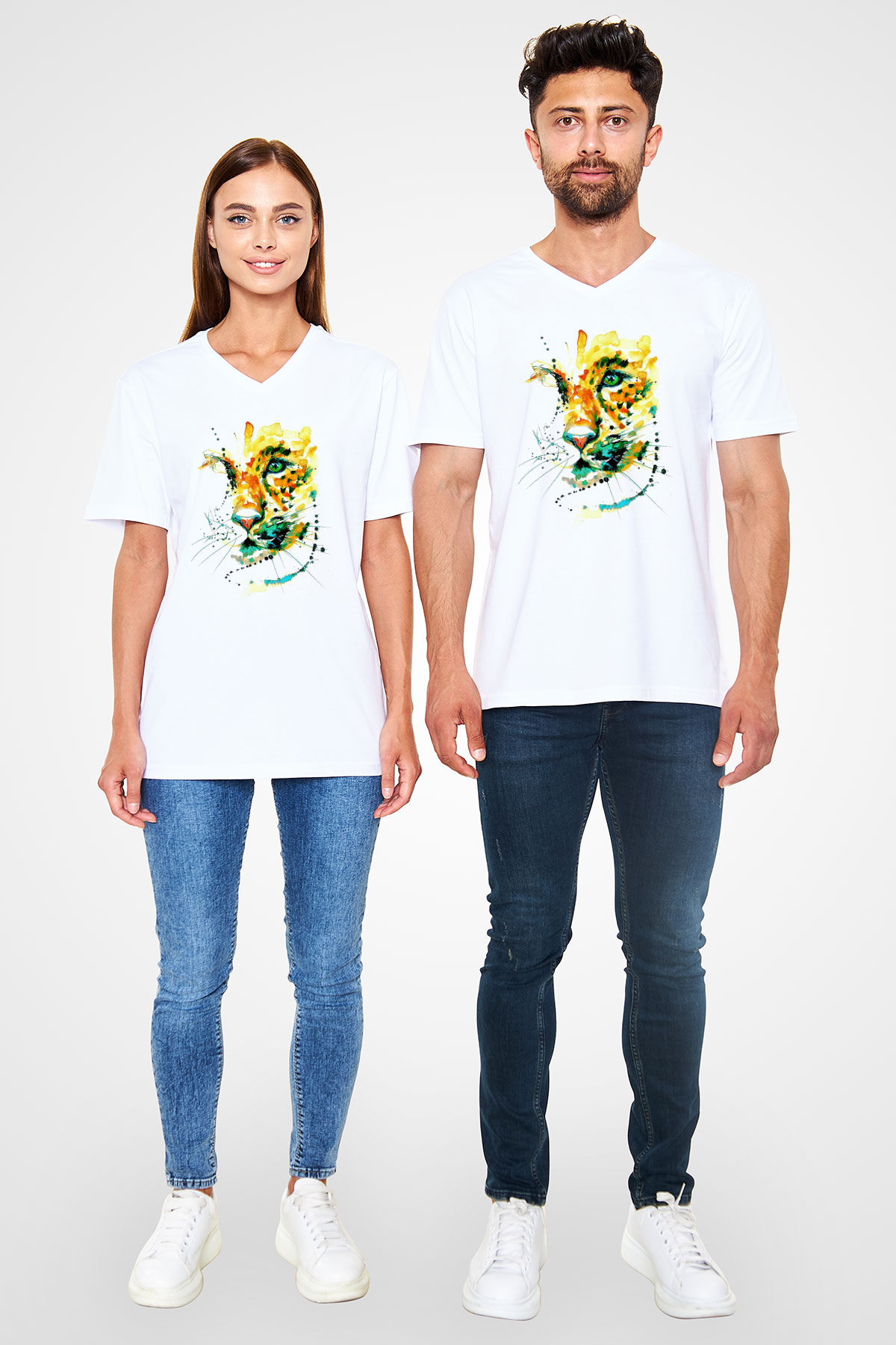 Çita Beyaz Unisex V Yaka Tişört T-Shirt