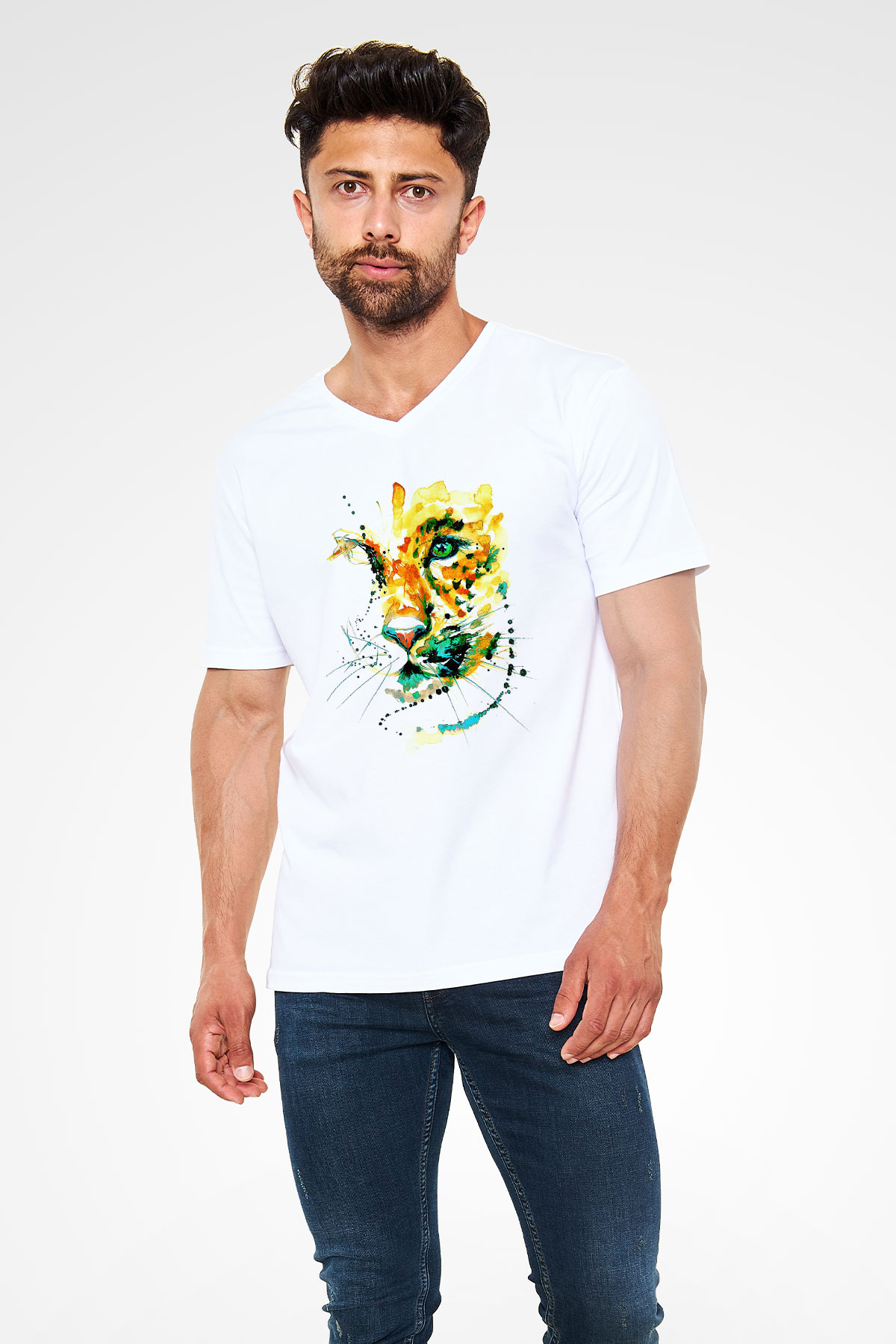 Çita Beyaz Unisex V Yaka Tişört T-Shirt