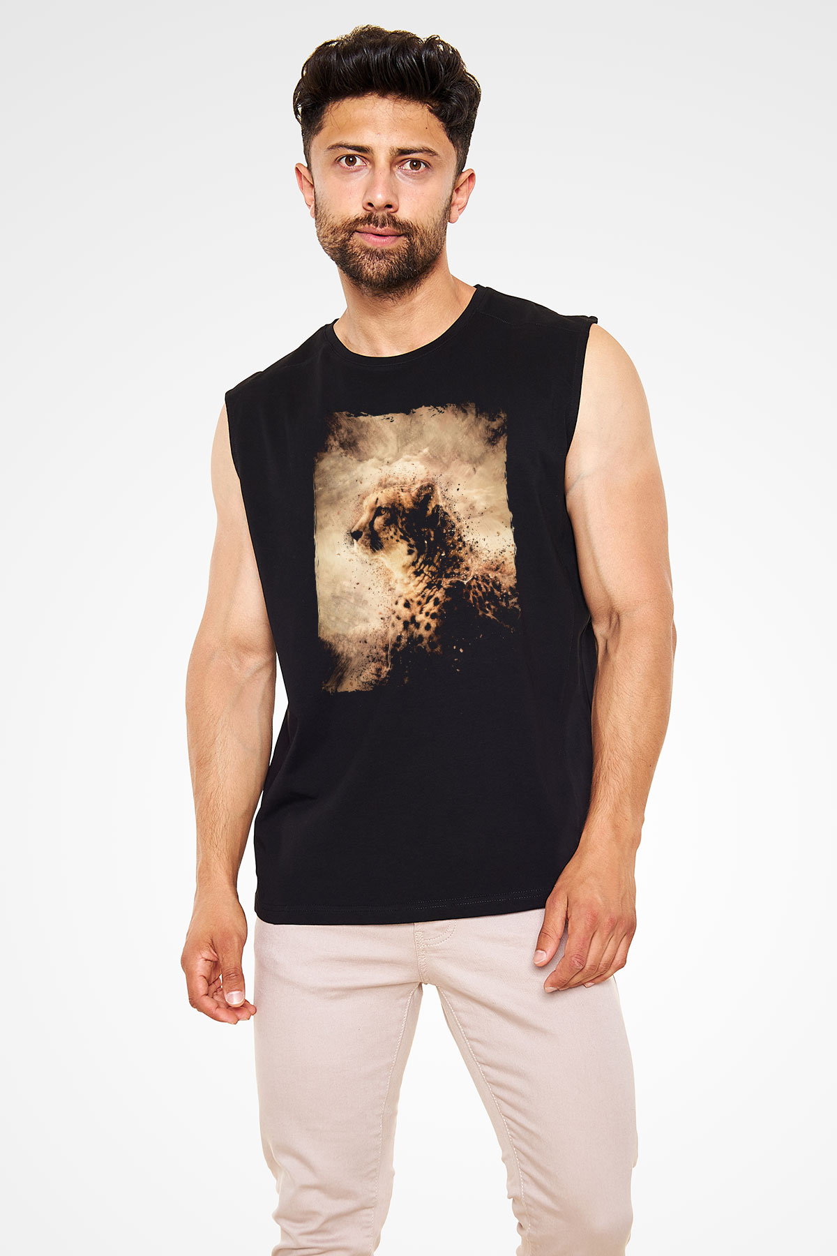 Çita Siyah Unisex Kolsuz Tişört