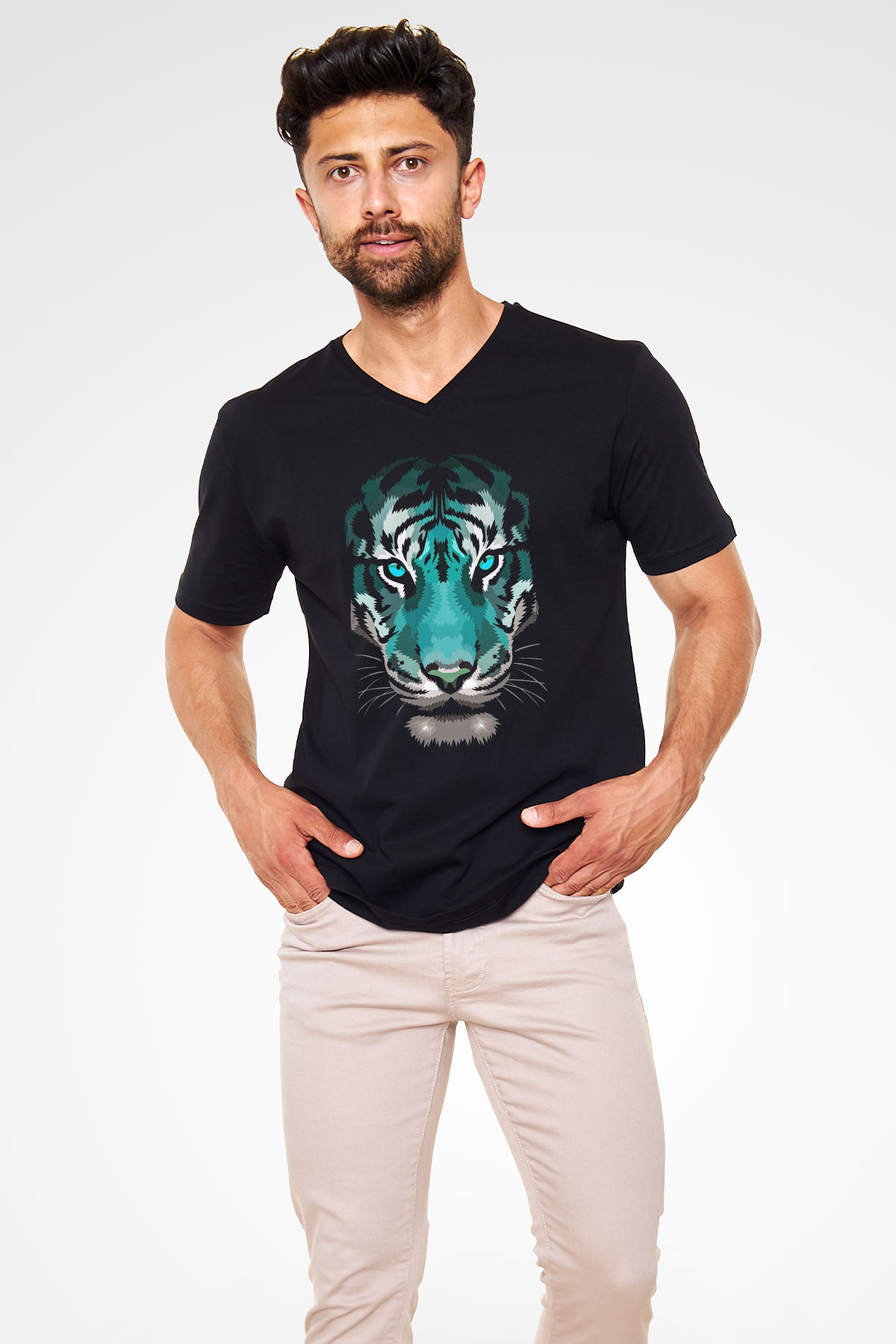 Çita Siyah Unisex V Yaka Tişört