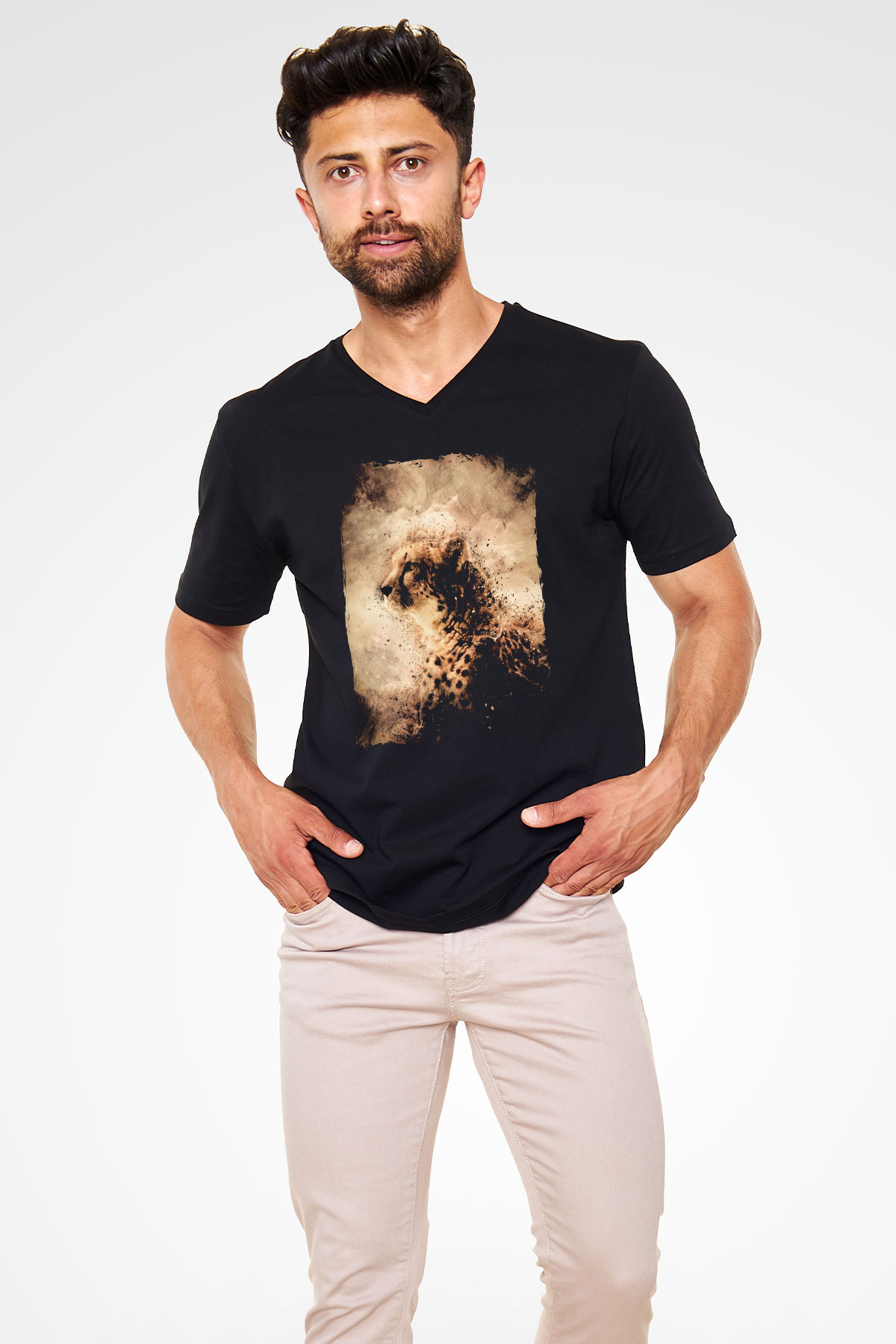 Çita Siyah Unisex V Yaka Tişört
