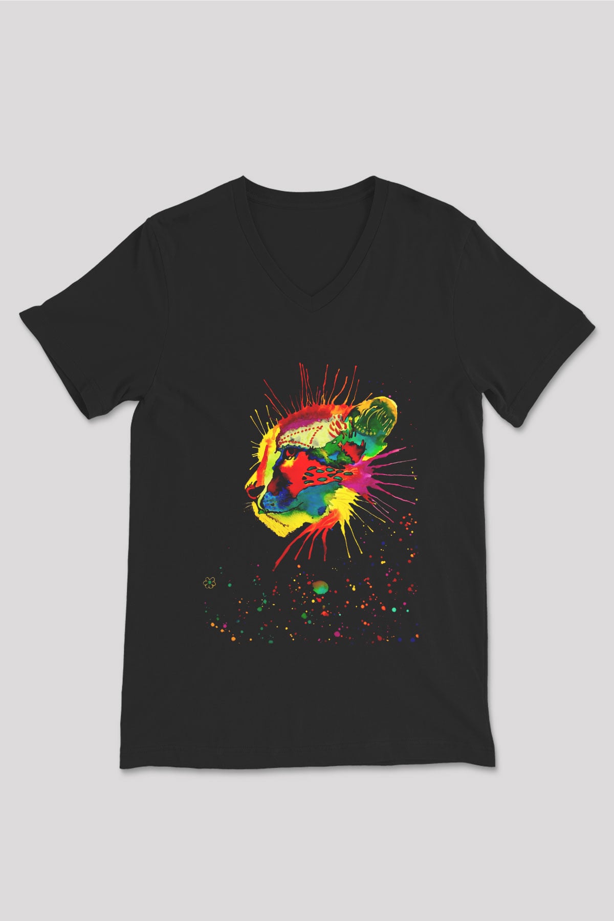 Çita Siyah Unisex V Yaka Tişört T-Shirt