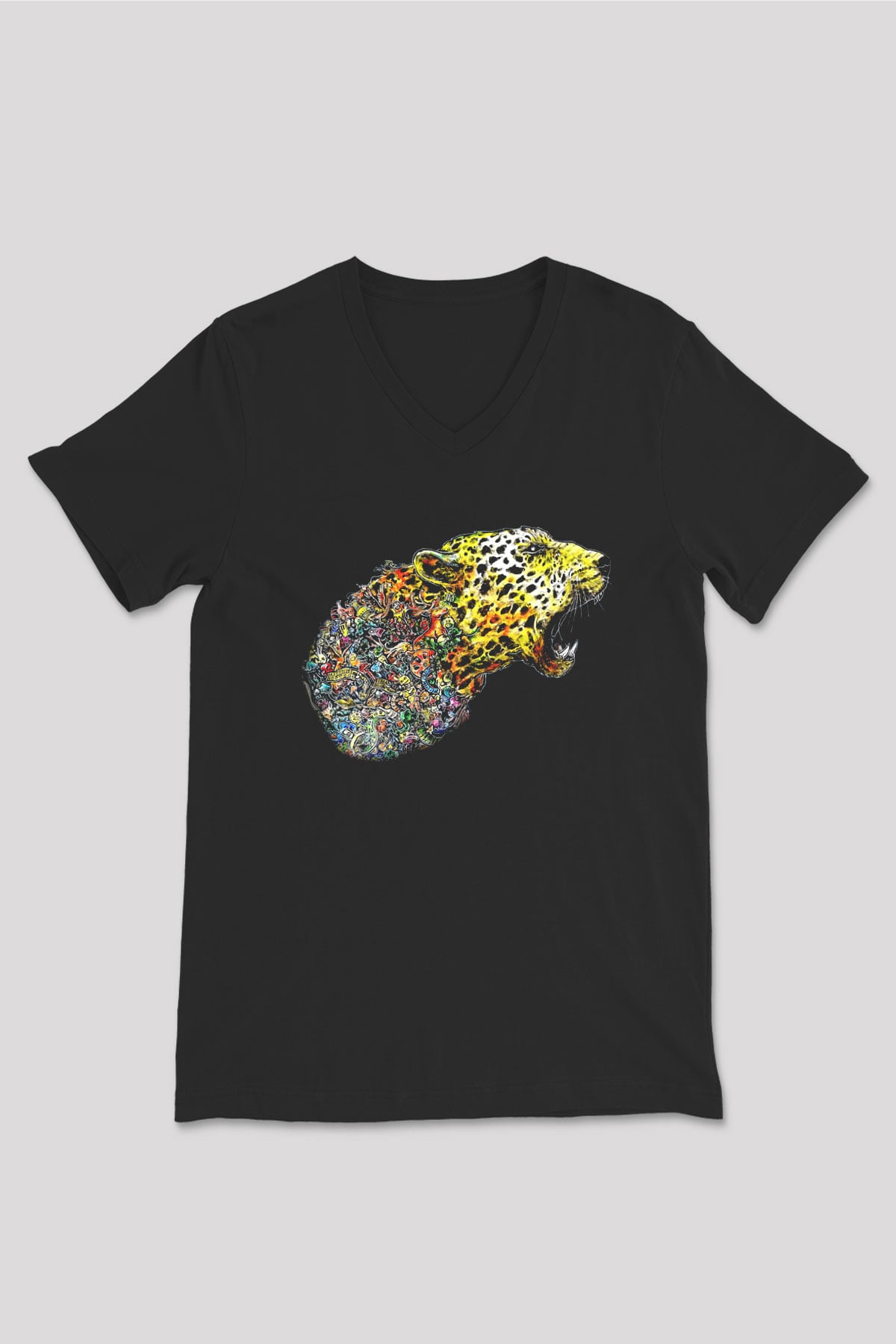 Çita Siyah Unisex V Yaka Tişört T-Shirt