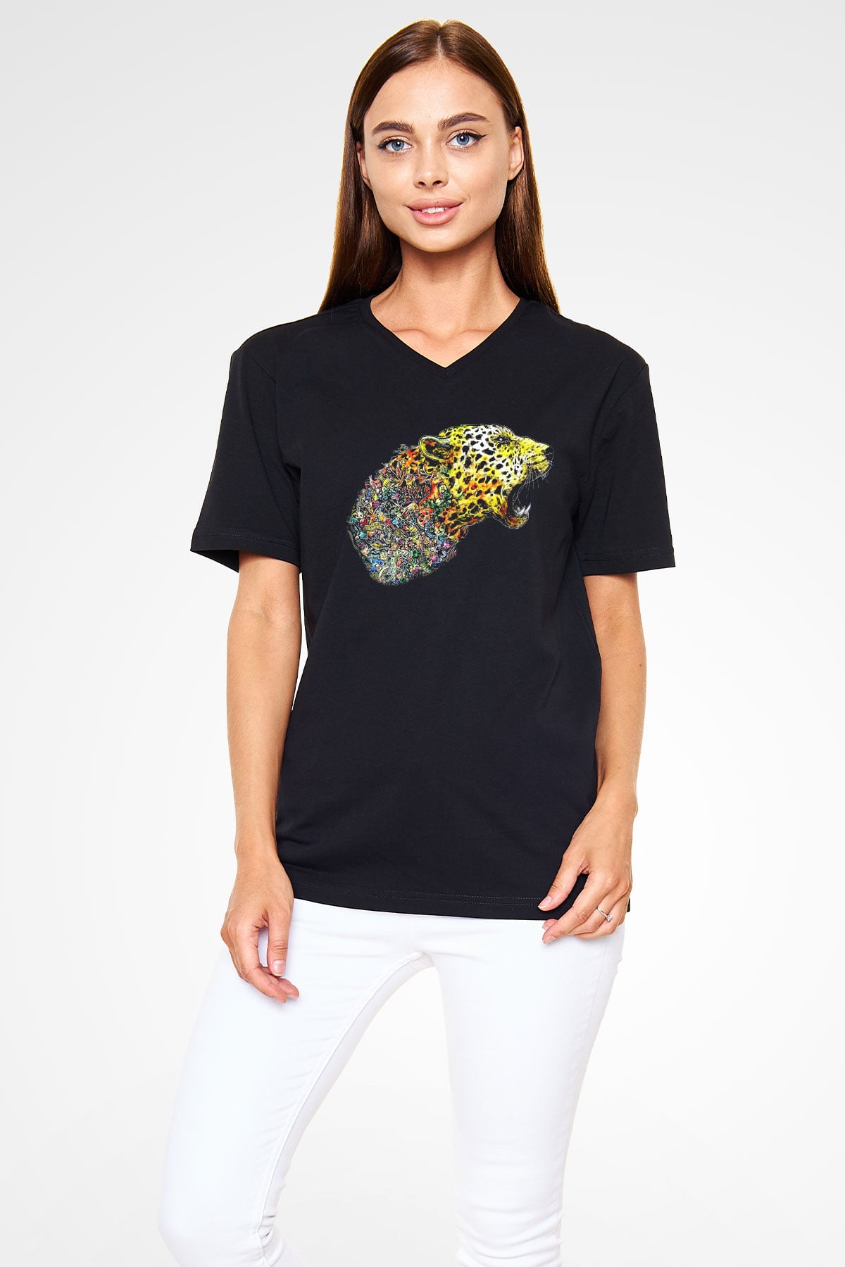Çita Siyah Unisex V Yaka Tişört T-Shirt
