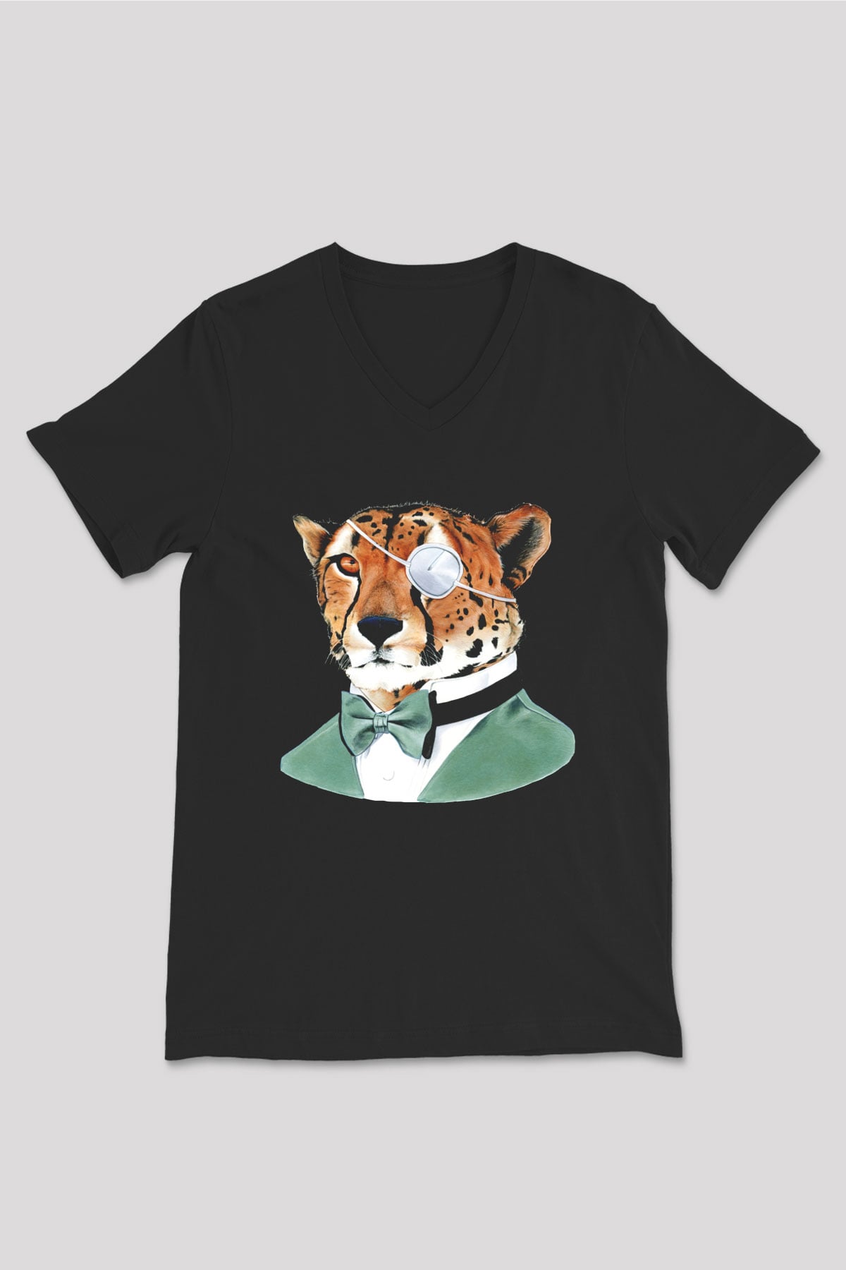 Çita Siyah Unisex V Yaka Tişört T-Shirt