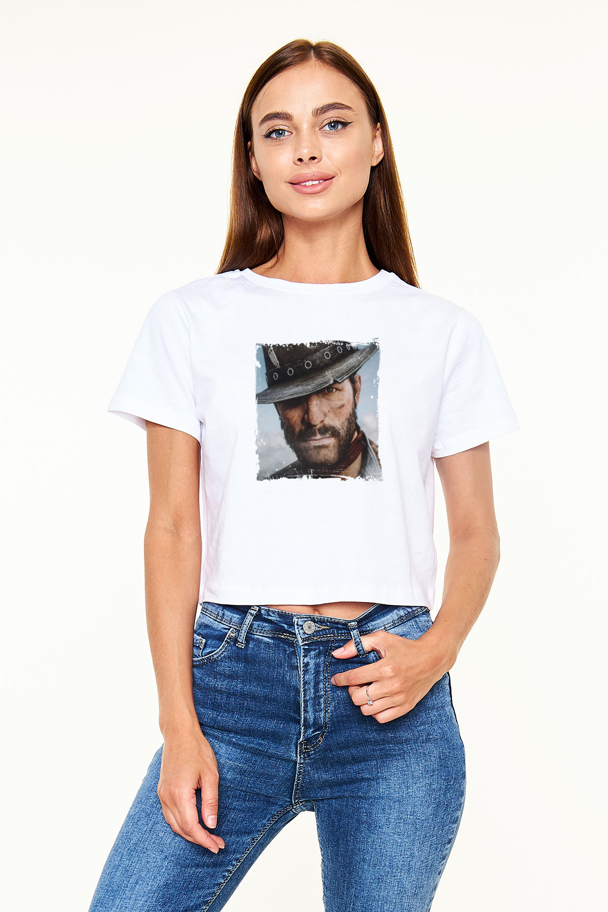 Clint Eastwood Baskılı Beyaz Kadın Crop Top Tişört