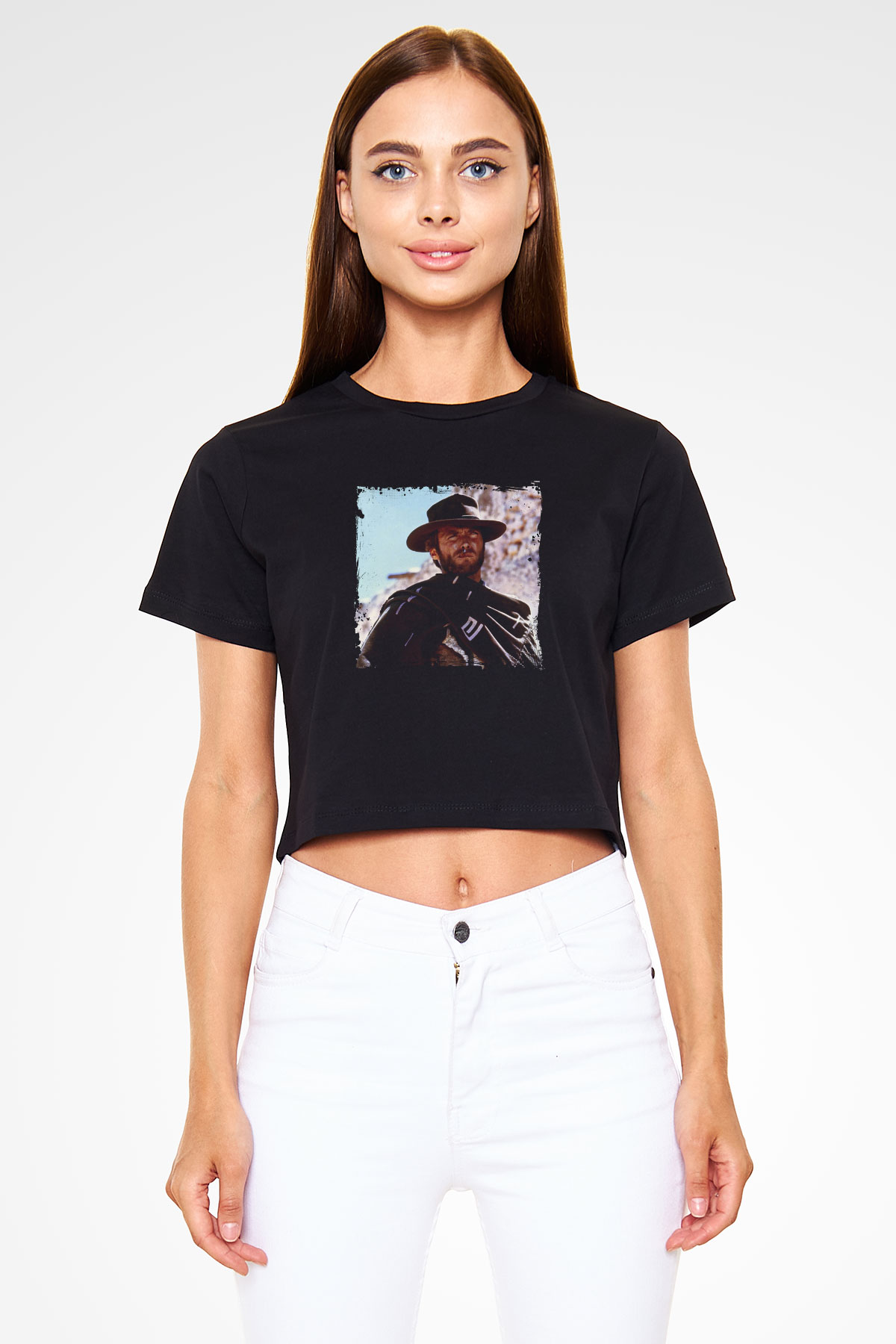 Clint Eastwood Baskılı Siyah Kadın Crop Top Tişört