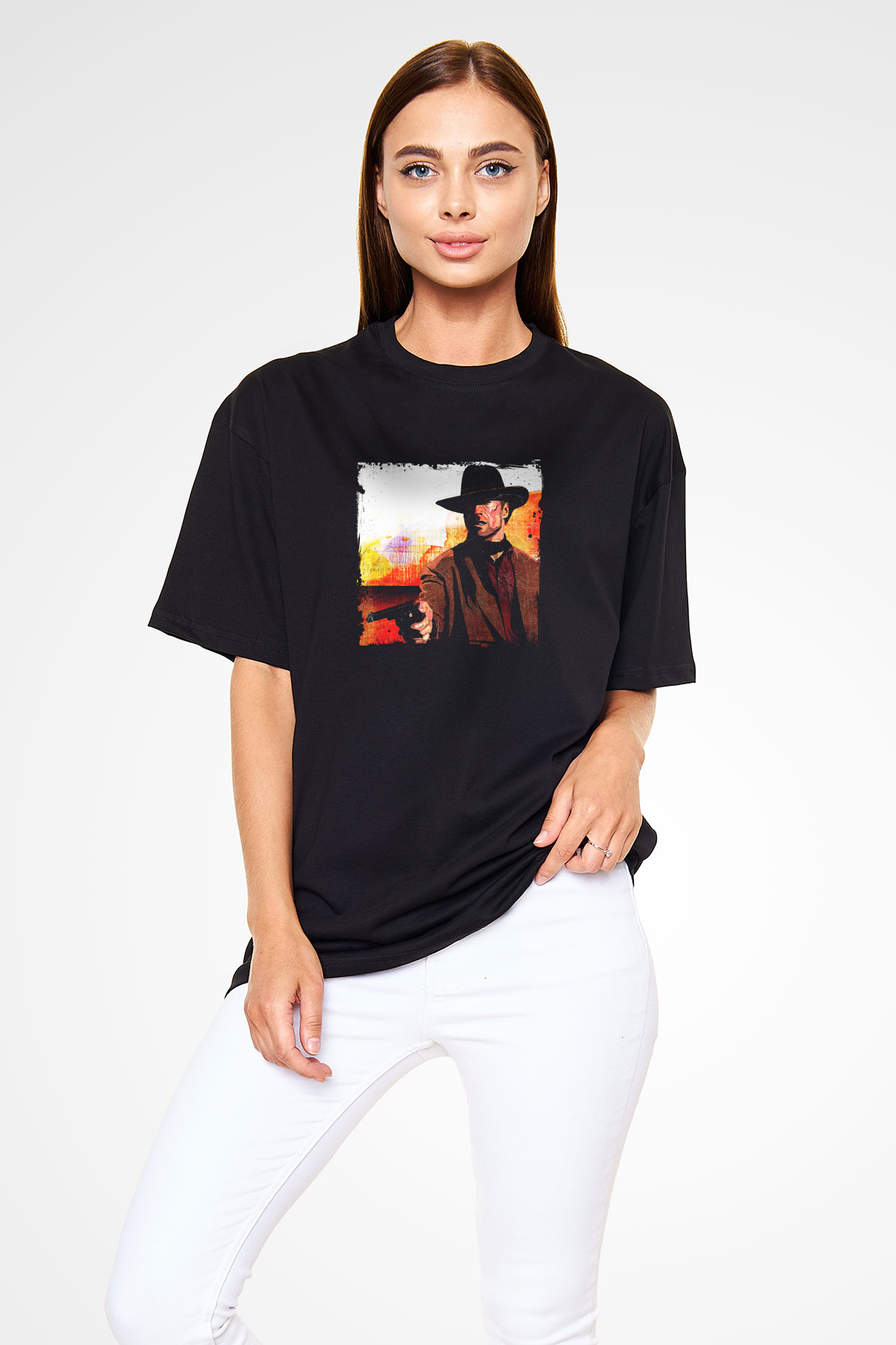 Clint Eastwood Baskılı Unisex Siyah Oversize Tişört