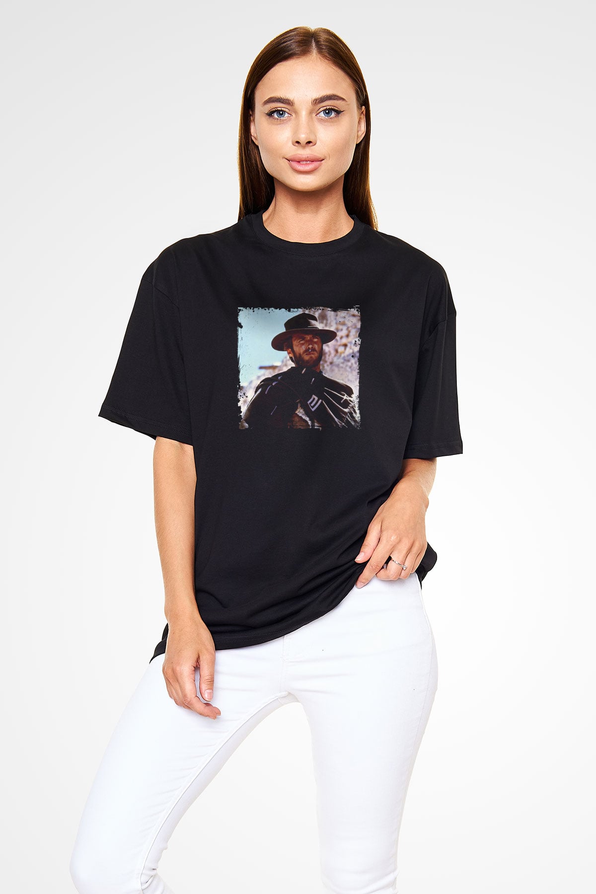Clint Eastwood Baskılı Unisex Siyah Oversize Tişört