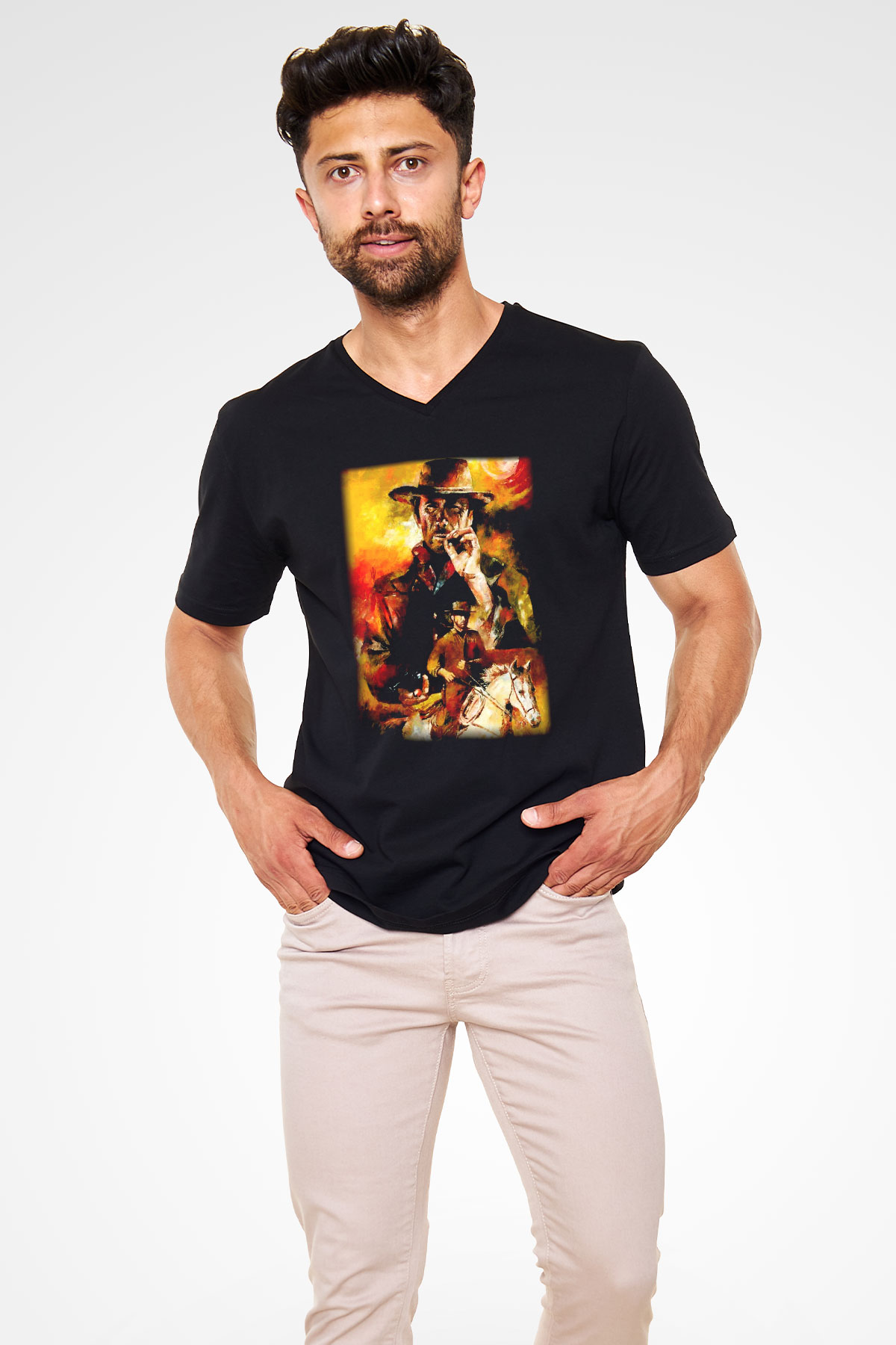 Clint Eastwood Siyah Unisex V Yaka Tişört T-Shirt