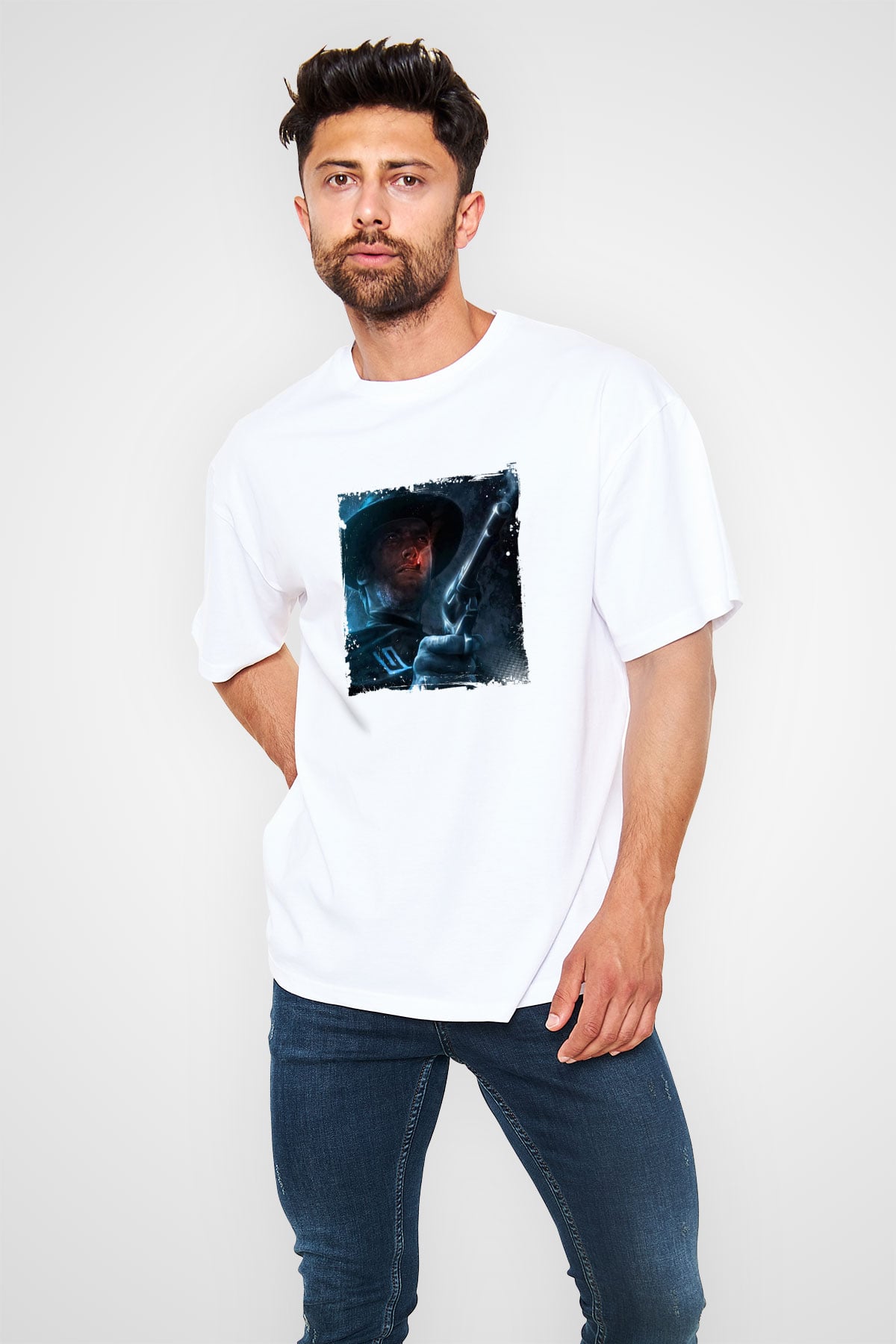 Clint Eastwood Oversize Baskılı Beyaz Tişört