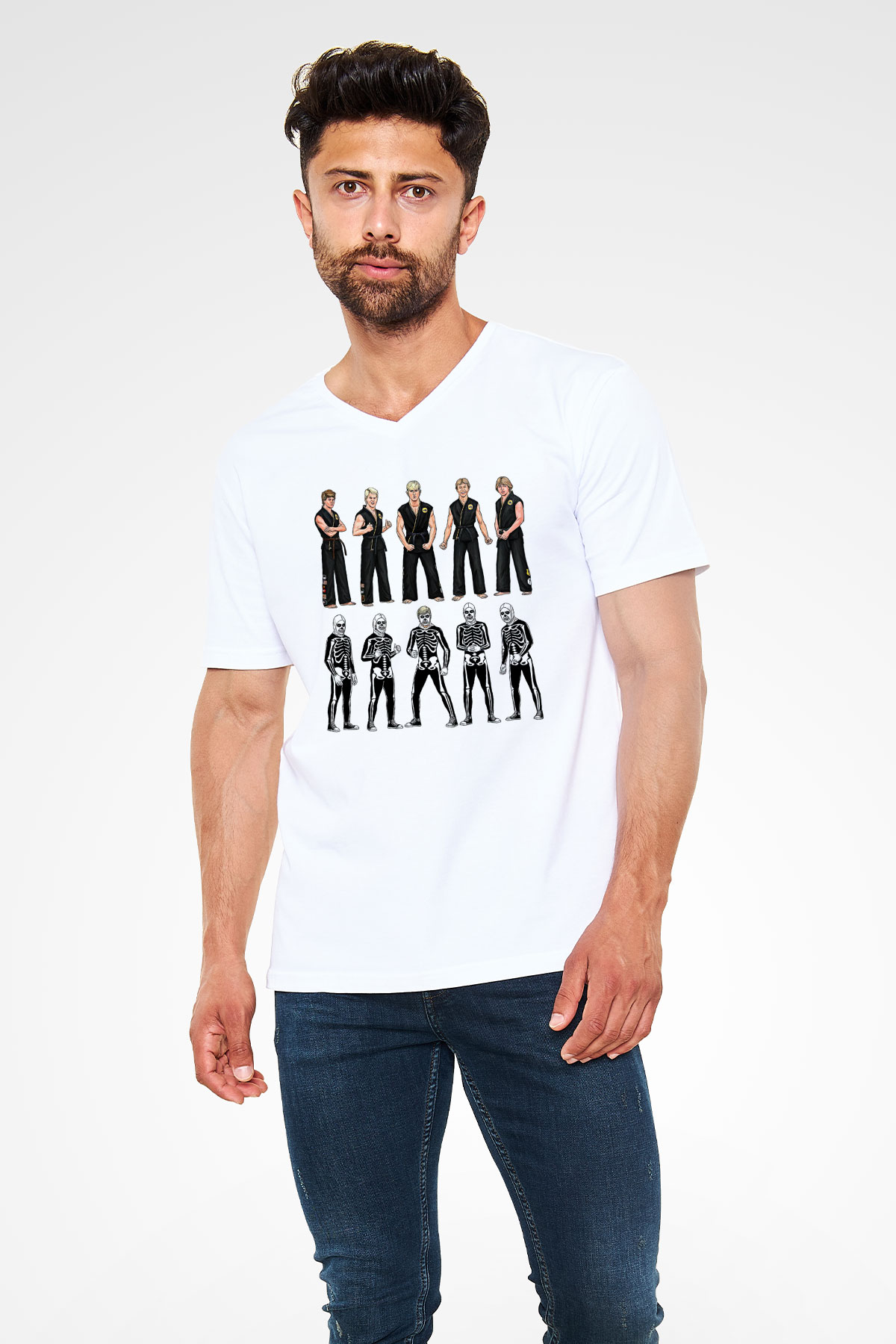 Cobra Kai Baskılı Beyaz Unisex V Yaka Tişört - Tshirt
