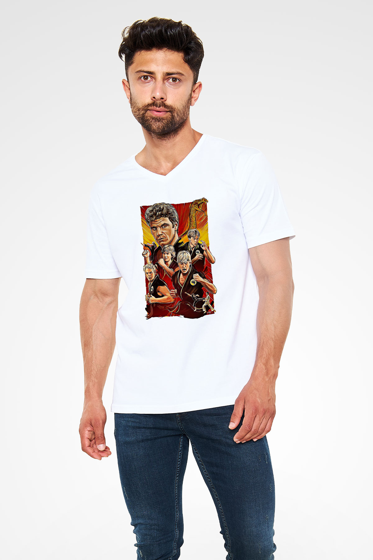 Cobra Kai Baskılı Beyaz Unisex V Yaka Tişört - Tshirt