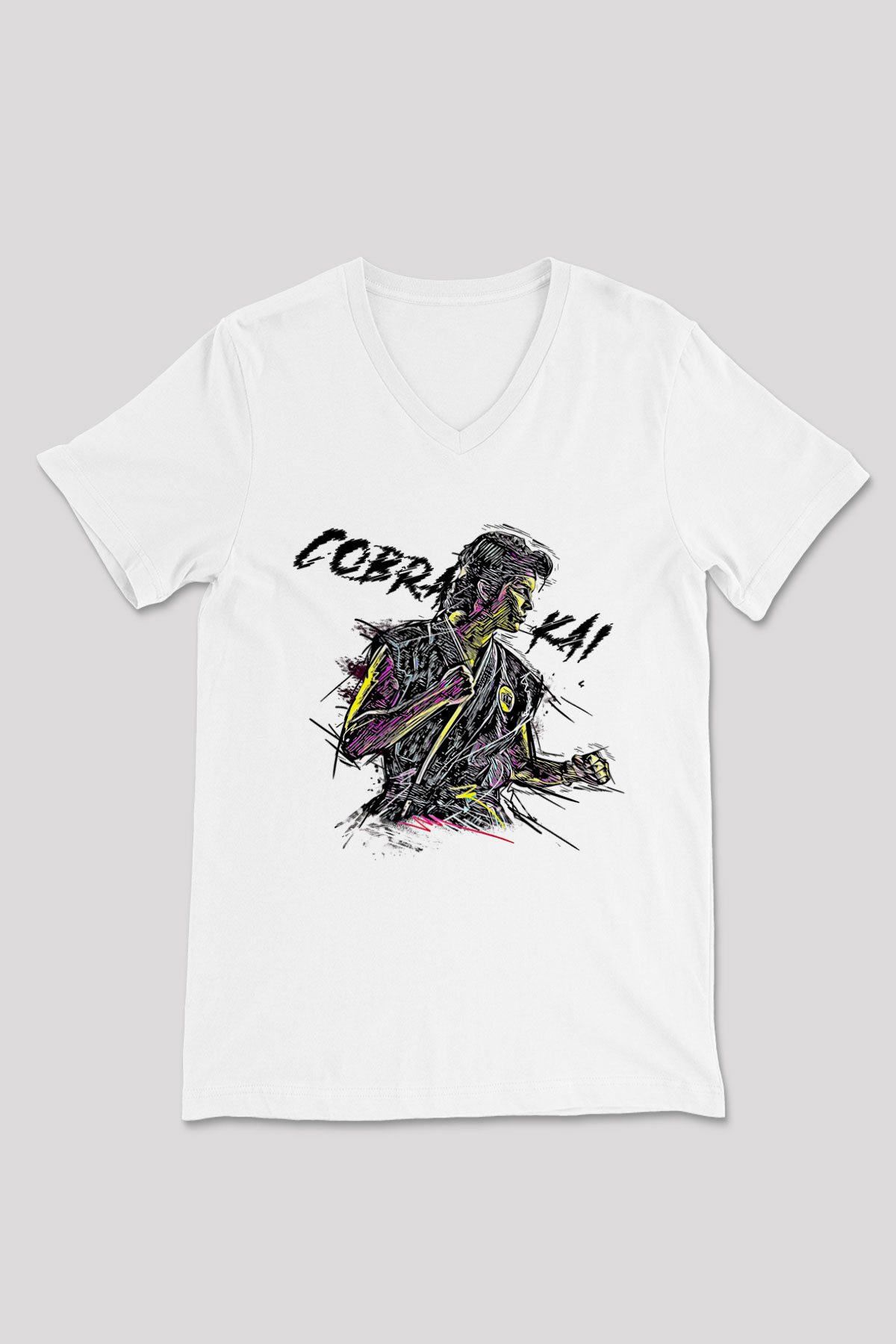 Cobra Kai Baskılı Beyaz Unisex V Yaka Tişört - Tshirt