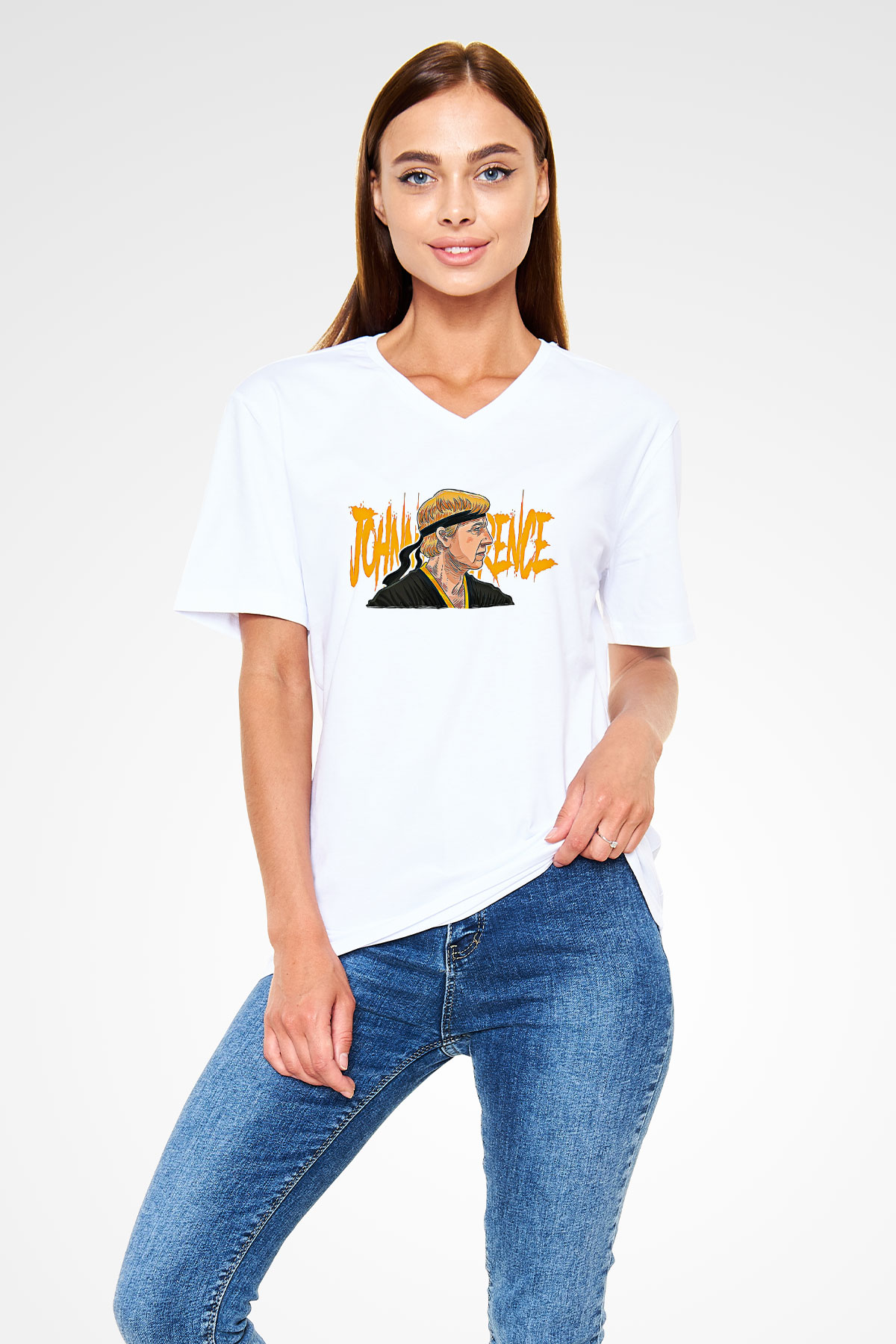 Cobra Kai Baskılı Beyaz Unisex V Yaka Tişört - Tshirt
