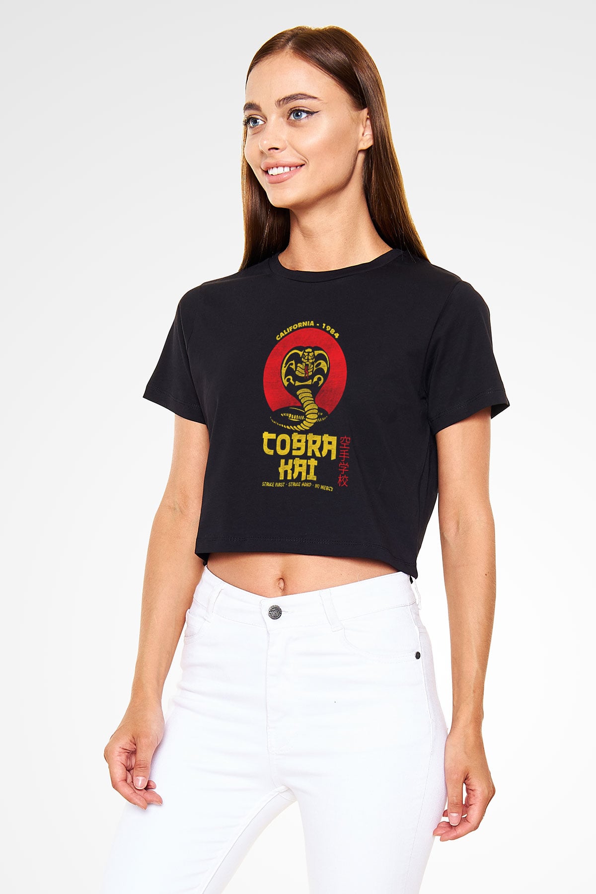 Cobra Kai Baskılı Siyah Crop Top Kadın Tişört - Tshirt