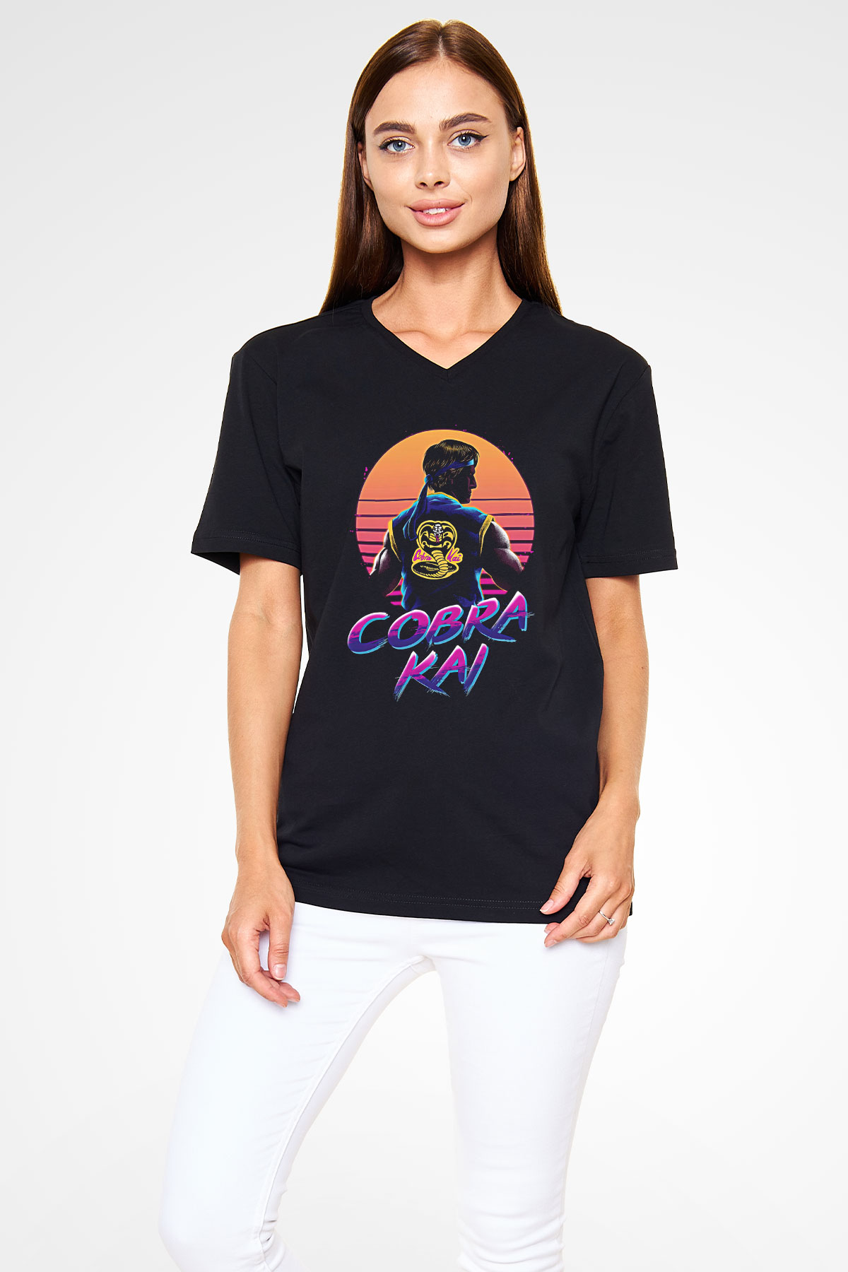 Cobra Kai Baskılı Unisex Siyah V Yaka Tişört - Tshirt