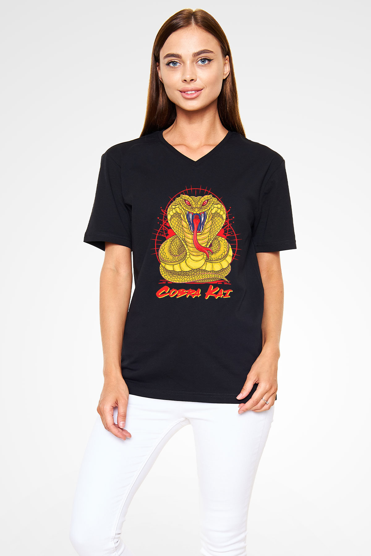 Cobra Kai Baskılı Unisex Siyah V Yaka Tişört - Tshirt