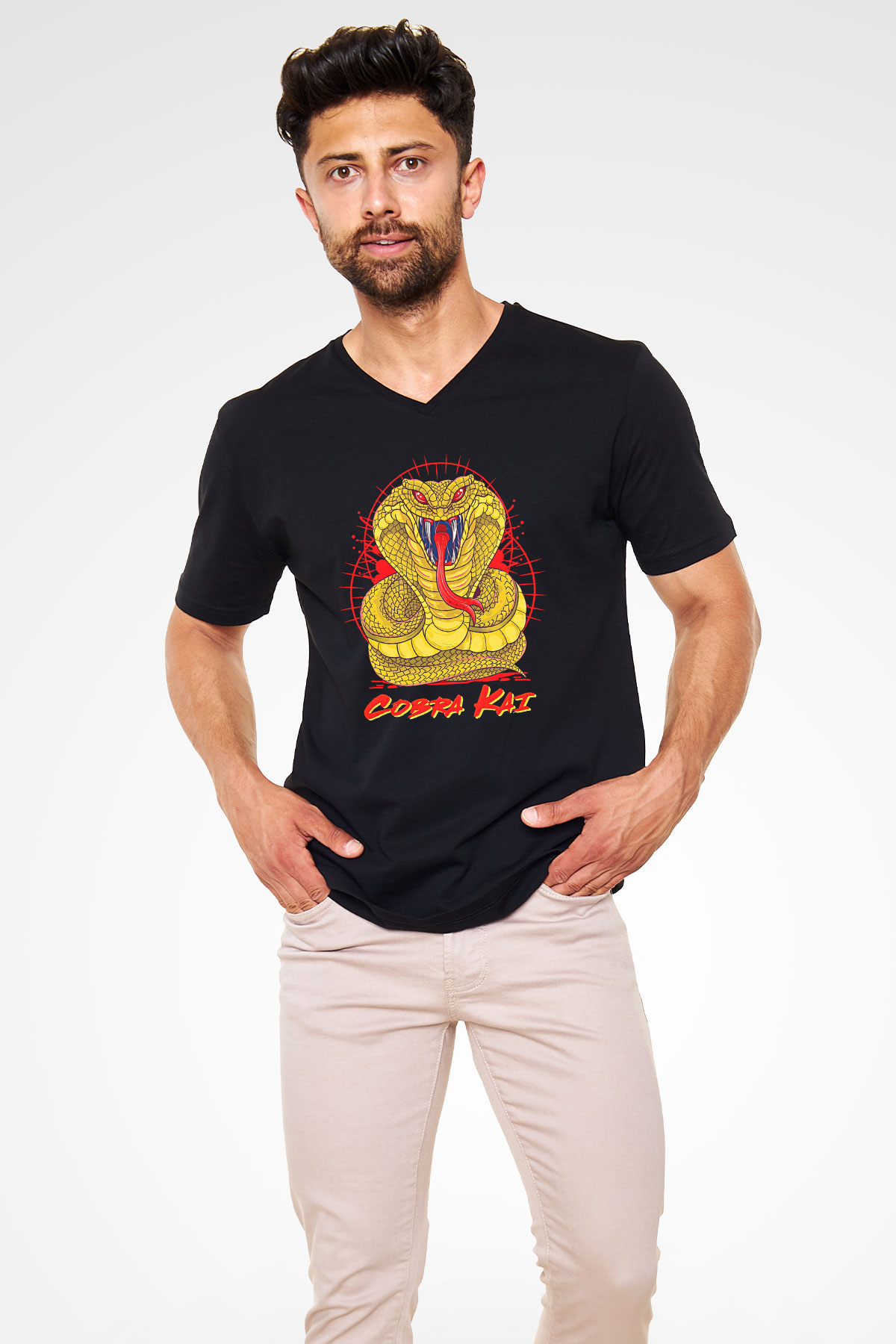 Cobra Kai Baskılı Unisex Siyah V Yaka Tişört - Tshirt