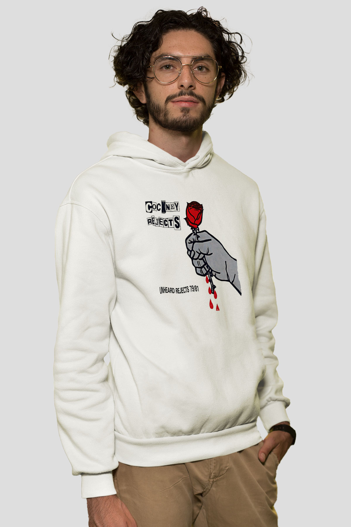 Cockney Rejects Baskılı Beyaz Unisex Kapüşonlu Sweatshirt