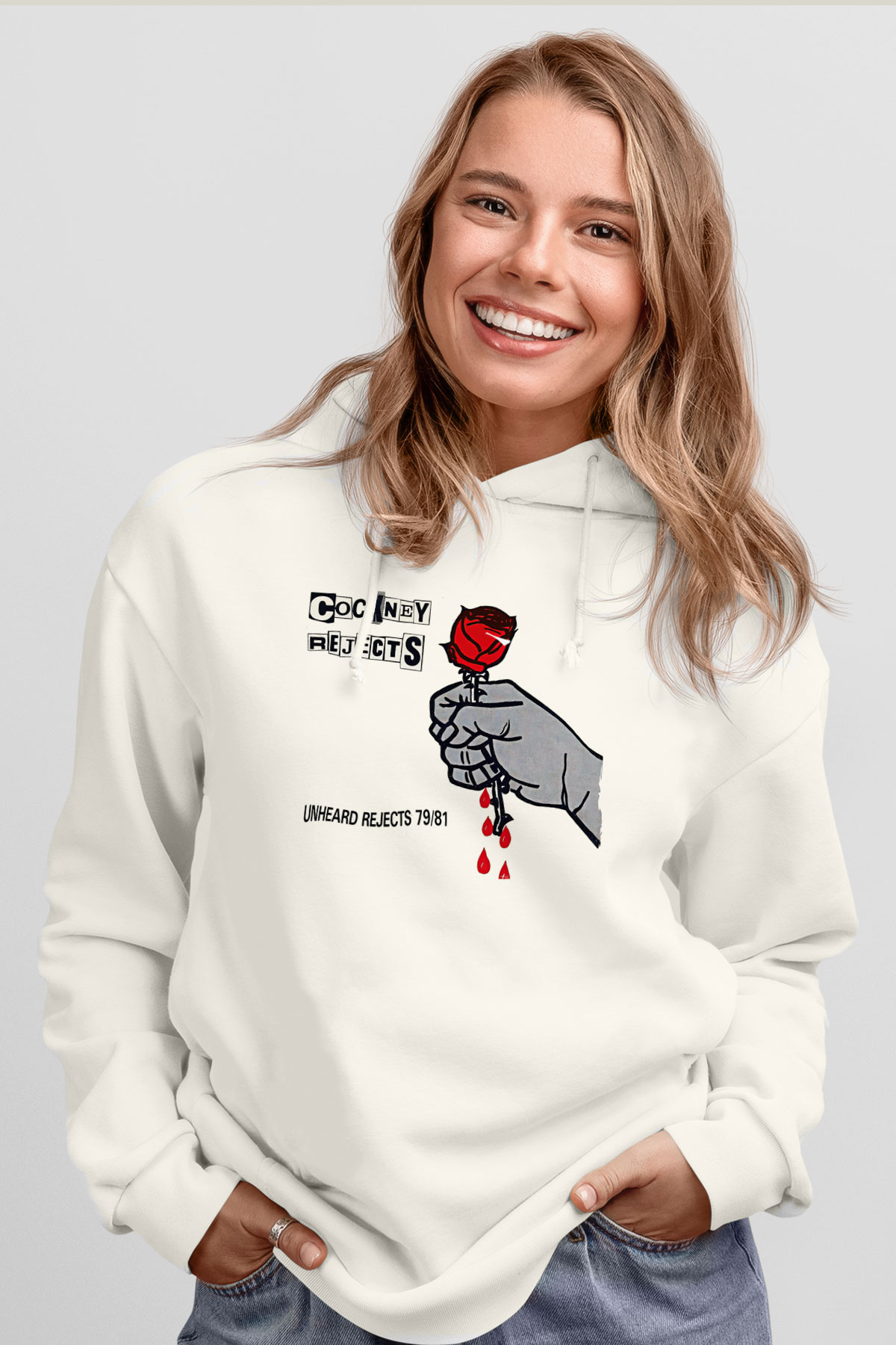 Cockney Rejects Baskılı Beyaz Unisex Kapüşonlu Sweatshirt