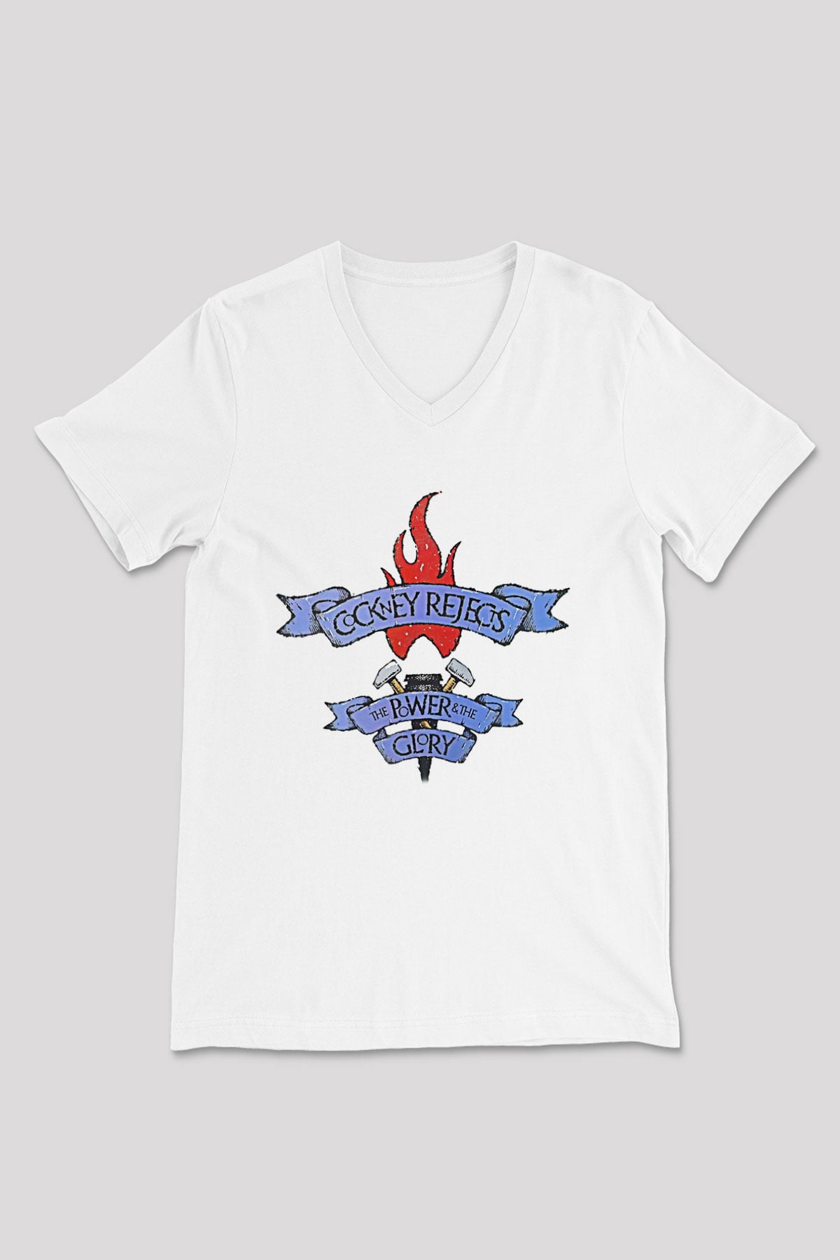 Cockney Rejects Baskılı Beyaz Unisex V Yaka Tişört - Tshirt